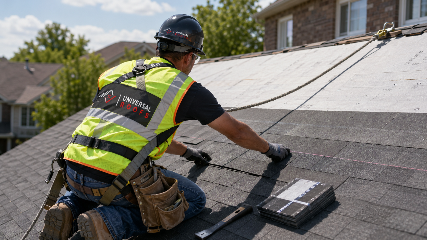 Roofer in full safety gear installing shingles on an Aurora home, typical of professional roofing companies aurora residents hire
