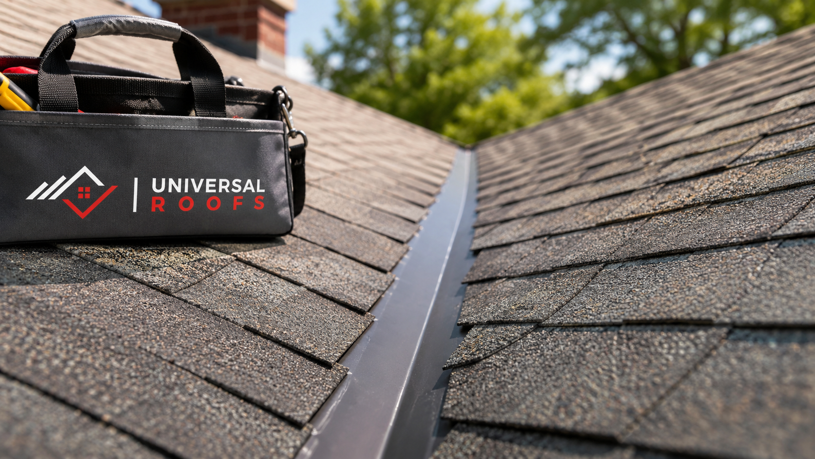 Close detail of valley flashing and shingle courses on a roof replacement in Newmarket