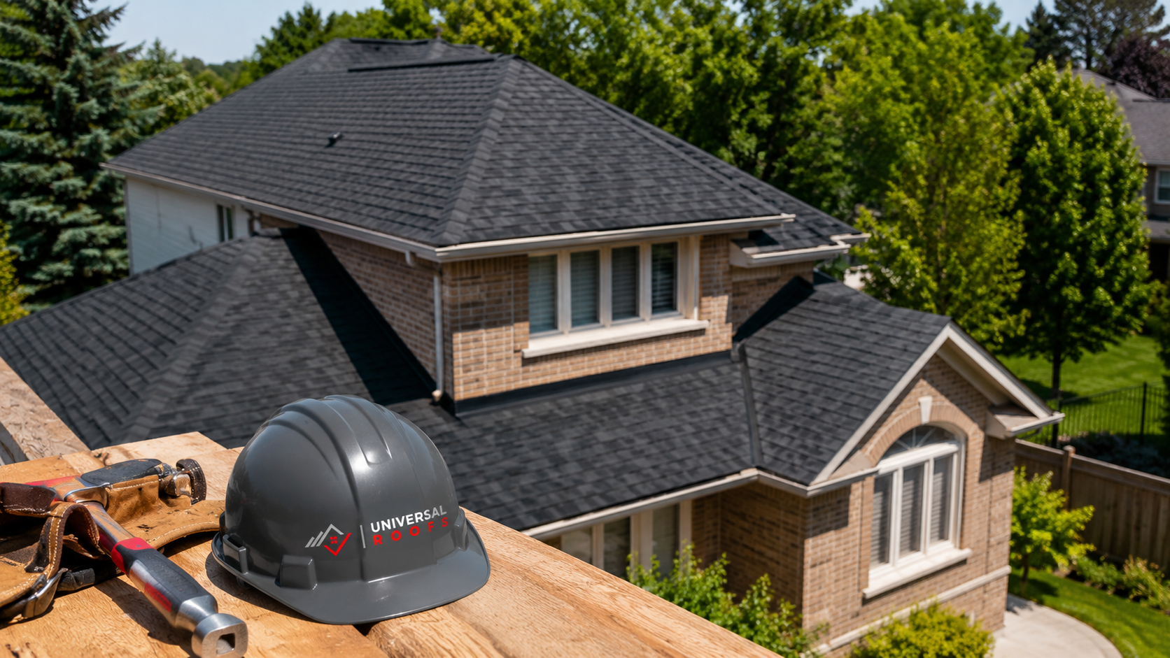 Newly completed asphalt shingle roof replacement in Newmarket on a two-storey suburban home