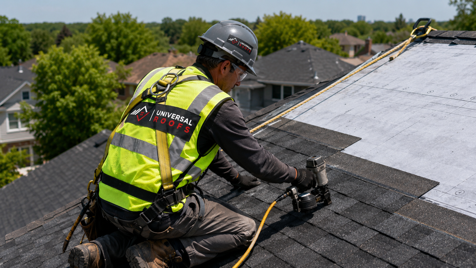 Roofer in full safety gear installing shingles during a roof replacement in Newmarket