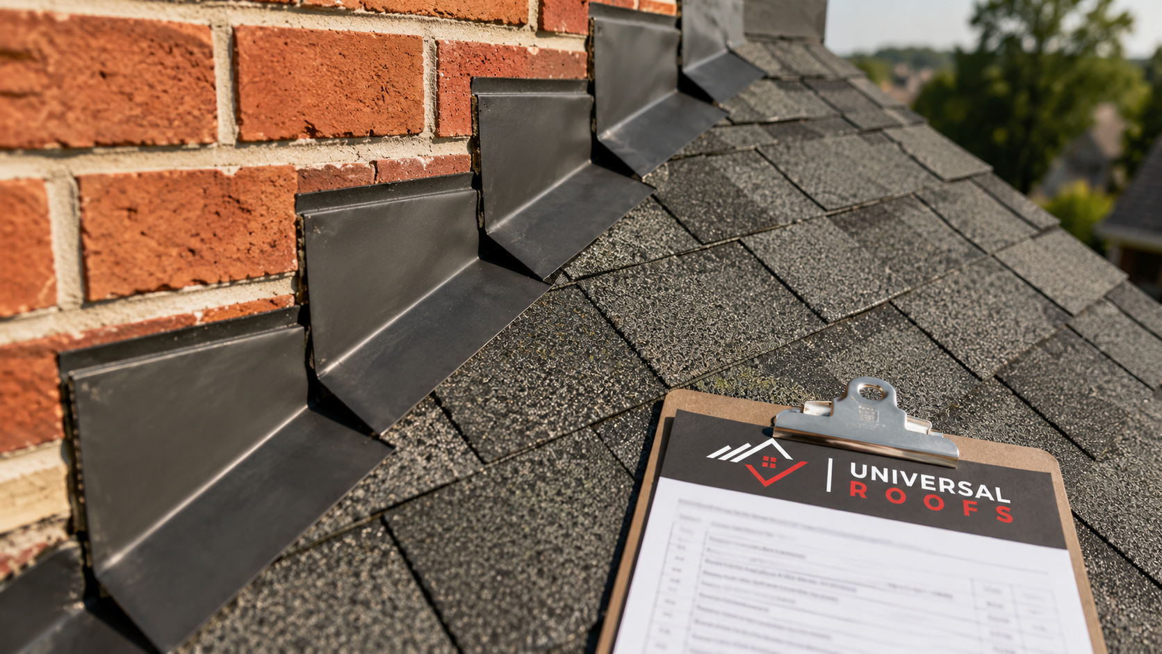 Close-up of new step flashing and sealed shingle courses after roof repair in Stouffville