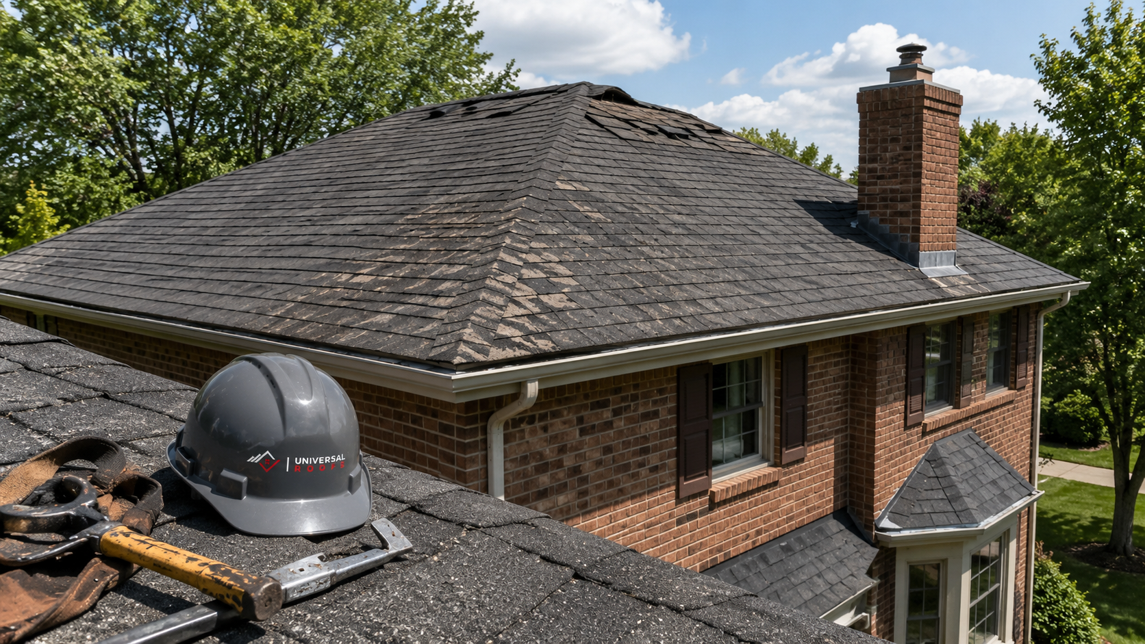 Suburban home needing roof repair in Stouffville with worn asphalt shingles, valleys and chimney flashing visible