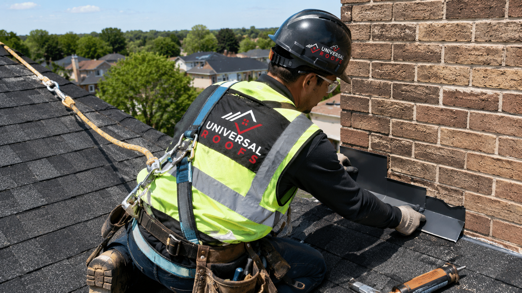 Roofer in full safety gear performing roof repair in Stouffville on a suburban asphalt shingle roof