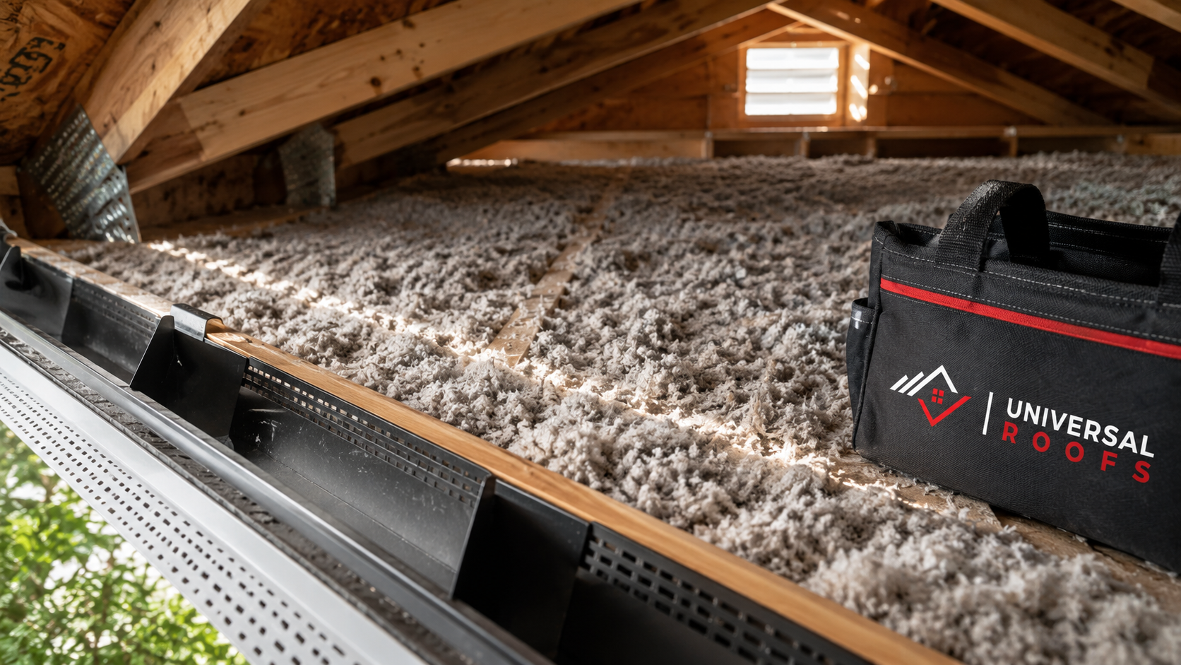 Close detail of blown insulation depth and open soffit baffles from an attic insulation Markham upgrade