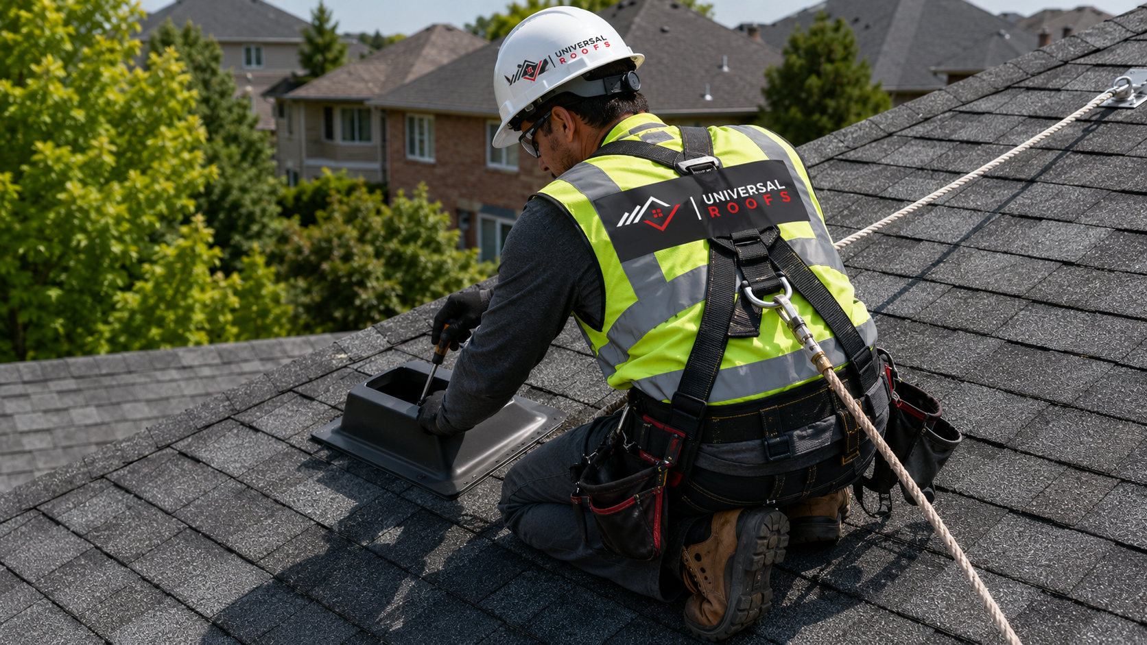 Technician in full safety gear on a suburban roof preparing an attic insulation Markham energy upgrade