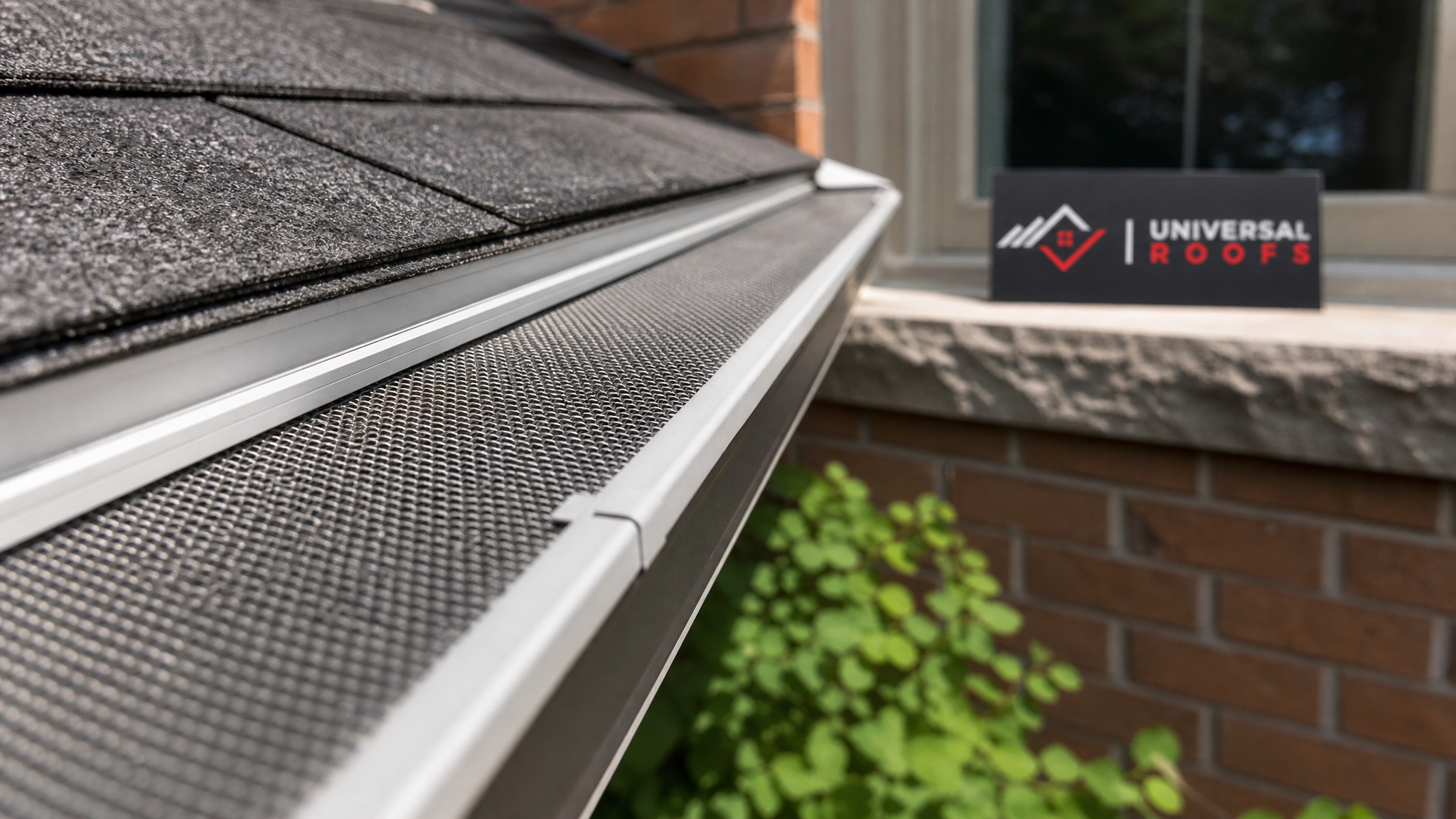 Close-up of gutter guard mesh cover installed over an eavestrough on a Toronto home