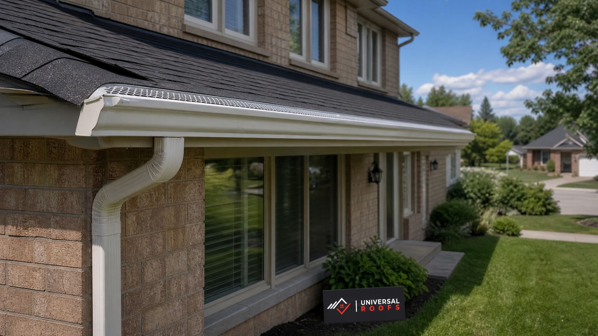 Exterior view of a Toronto home roofline with gutter guards installed along the eavestrough in summer daylight