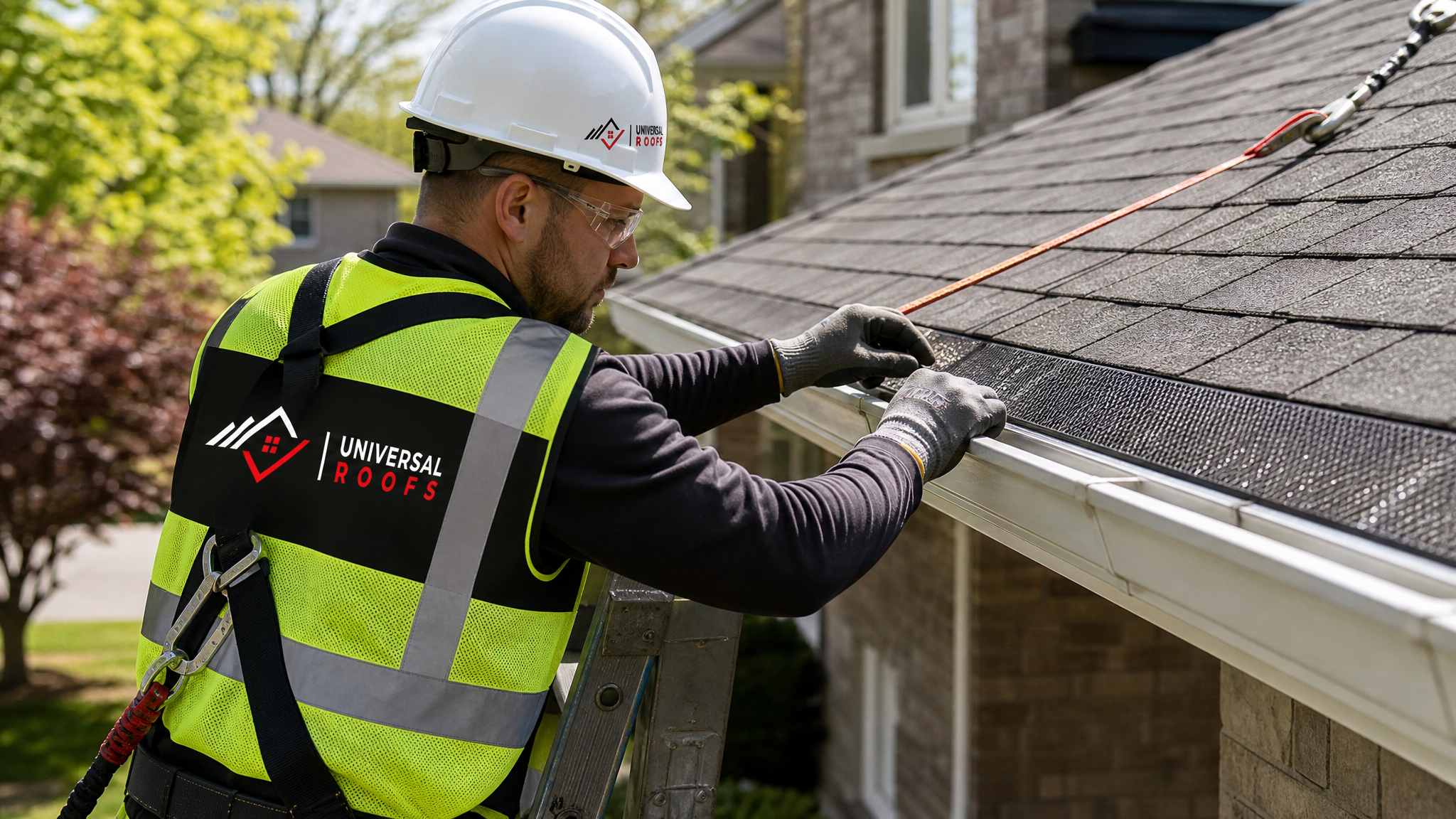 Roofing technician installing gutter guard mesh along an eavestrough while wearing full safety equipment