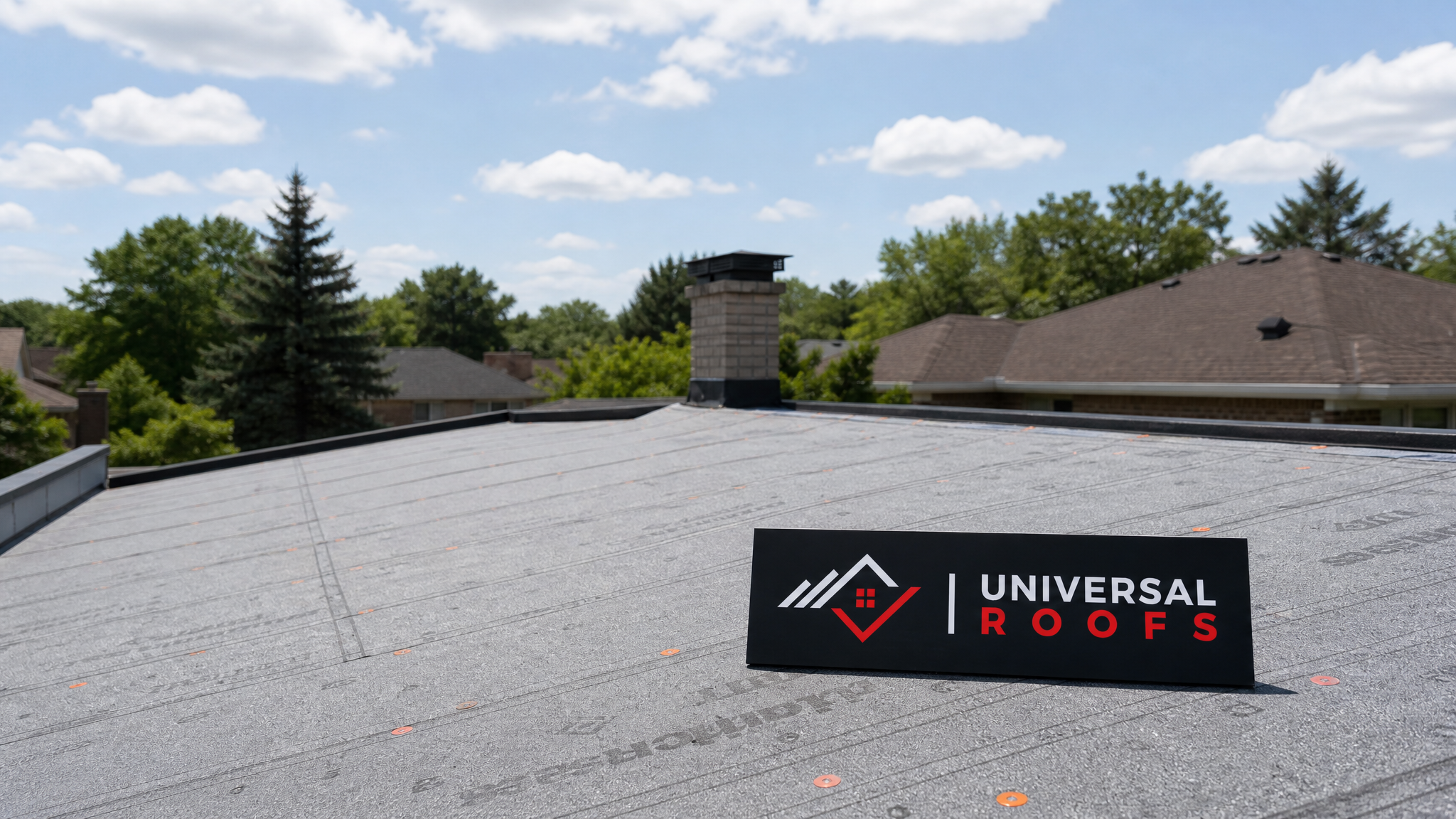 Wide shot of a Toronto roof deck with underlayment rolled out before shingle installation