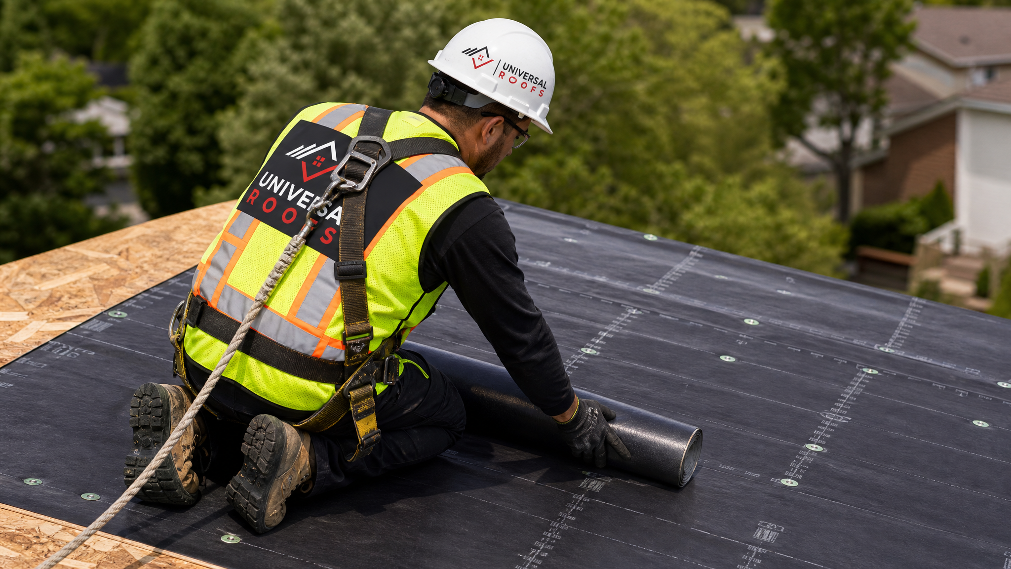 Roofer in full safety gear installing synthetic underlayment on a sloped roof