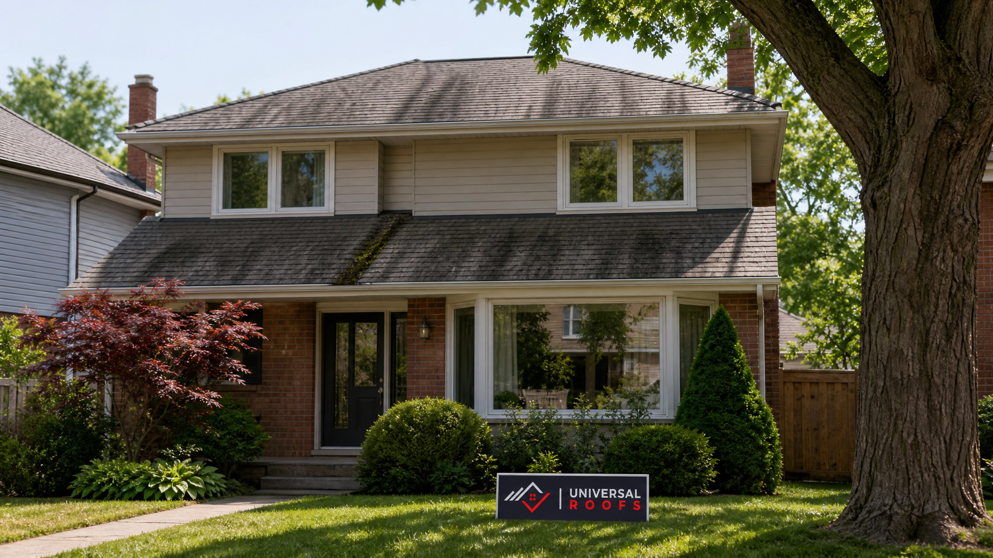 Wide establishing view of a Toronto residential asphalt shingle roof with visible algae streaking before a roof soft wash vs pressure wash cleaning treatment