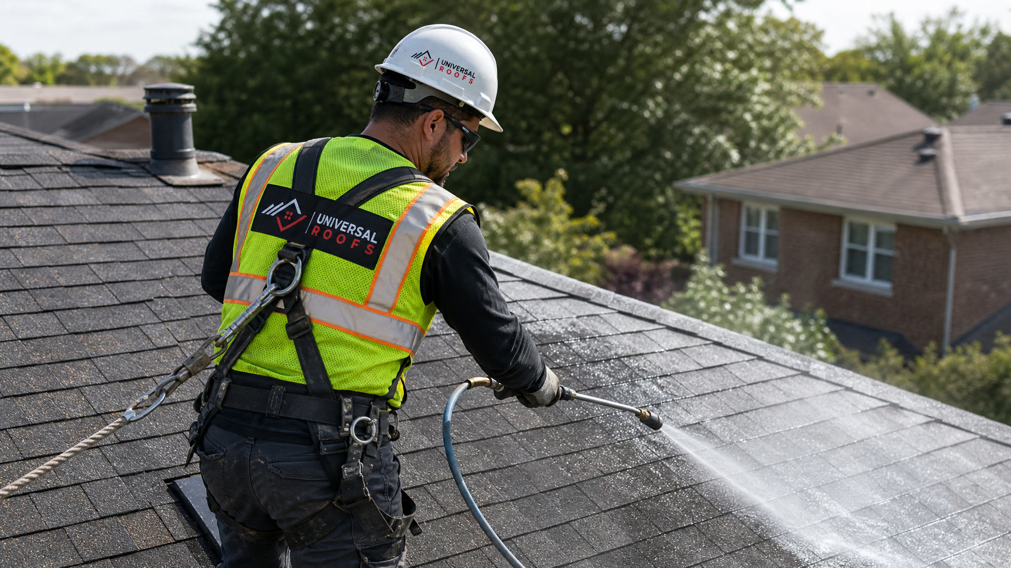 Roofing technician wearing full safety harness applying a low-pressure soft wash solution to asphalt shingles as part of roof soft wash vs pressure wash cleaning