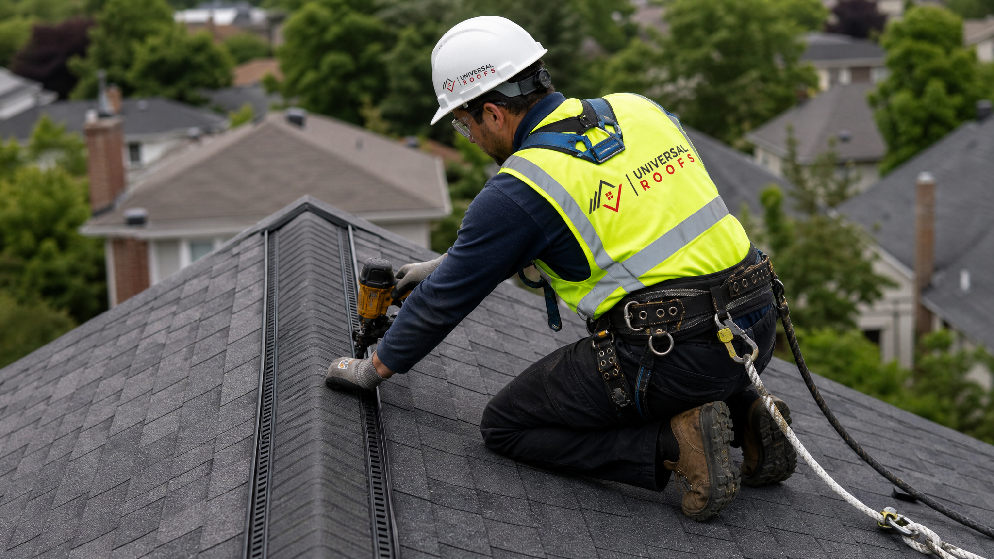 Roofing technician wearing full safety gear installing a continuous ridge exhaust vent along the peak of a sloped shingle roof in daylight