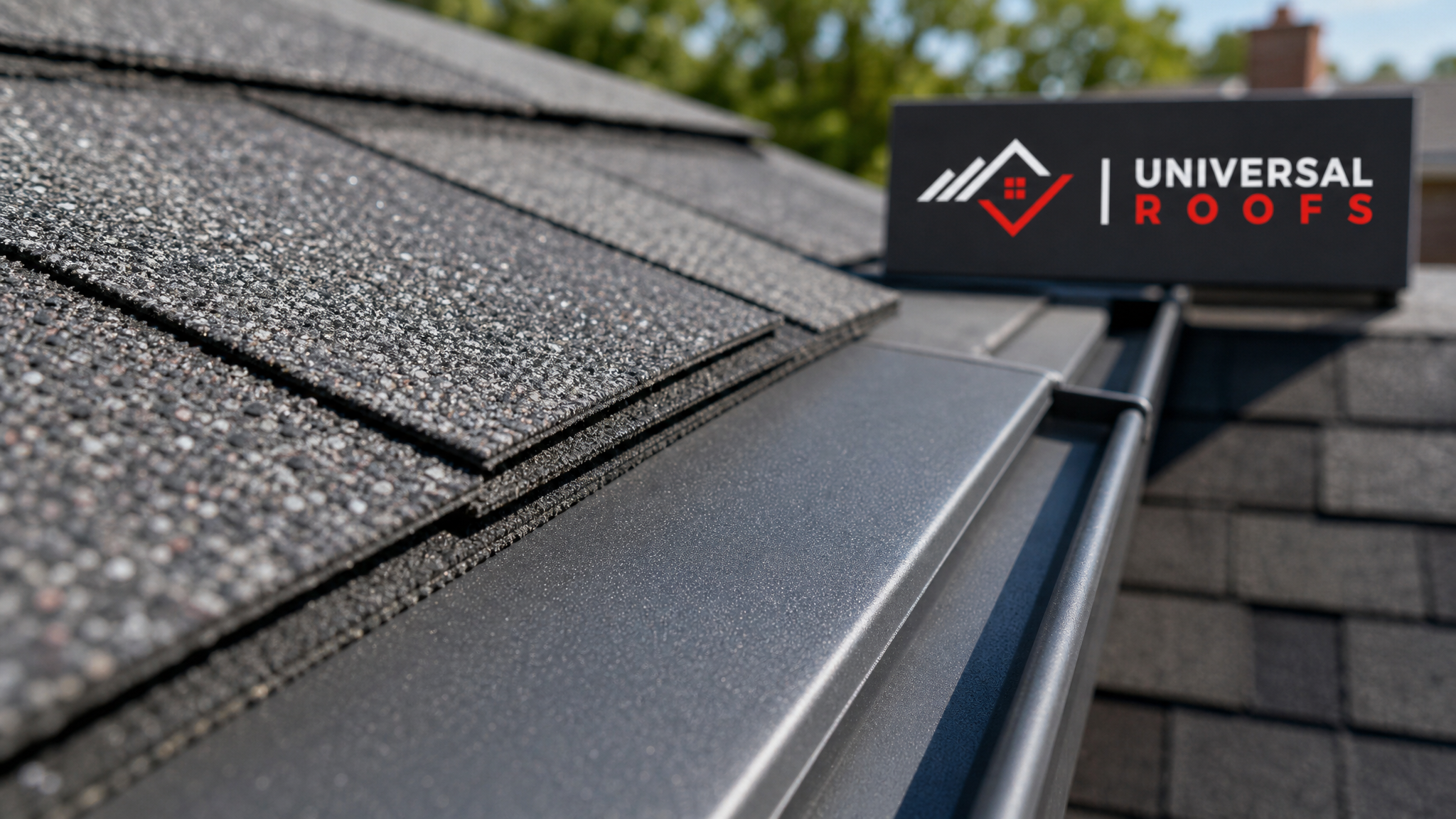 Close-up of properly overlapped asphalt shingles and metal flashing detail with a small Universal Roofs sign placard nearby