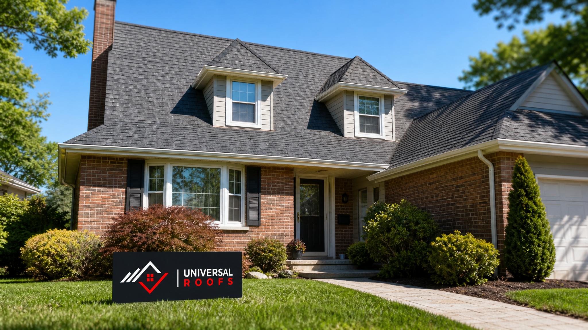 Wide daytime view of a Toronto residential roof with clean shingle lines and a small Universal Roofs sign placard on the lawn