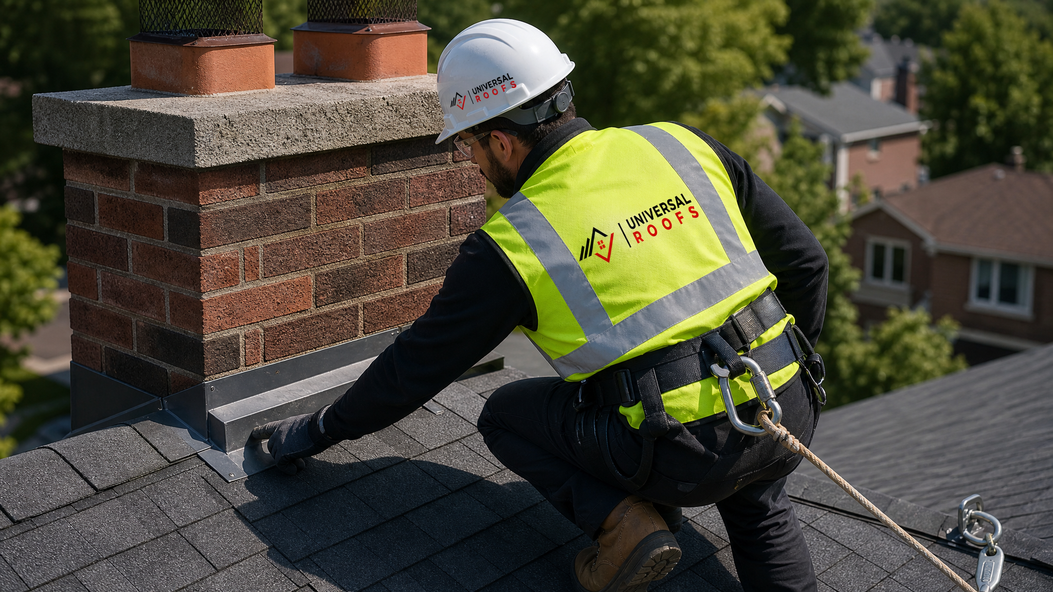 Roofer in full safety harness, hard hat, and hi-vis vest inspecting flashing and ventilation on a sloped residential roof in daylight