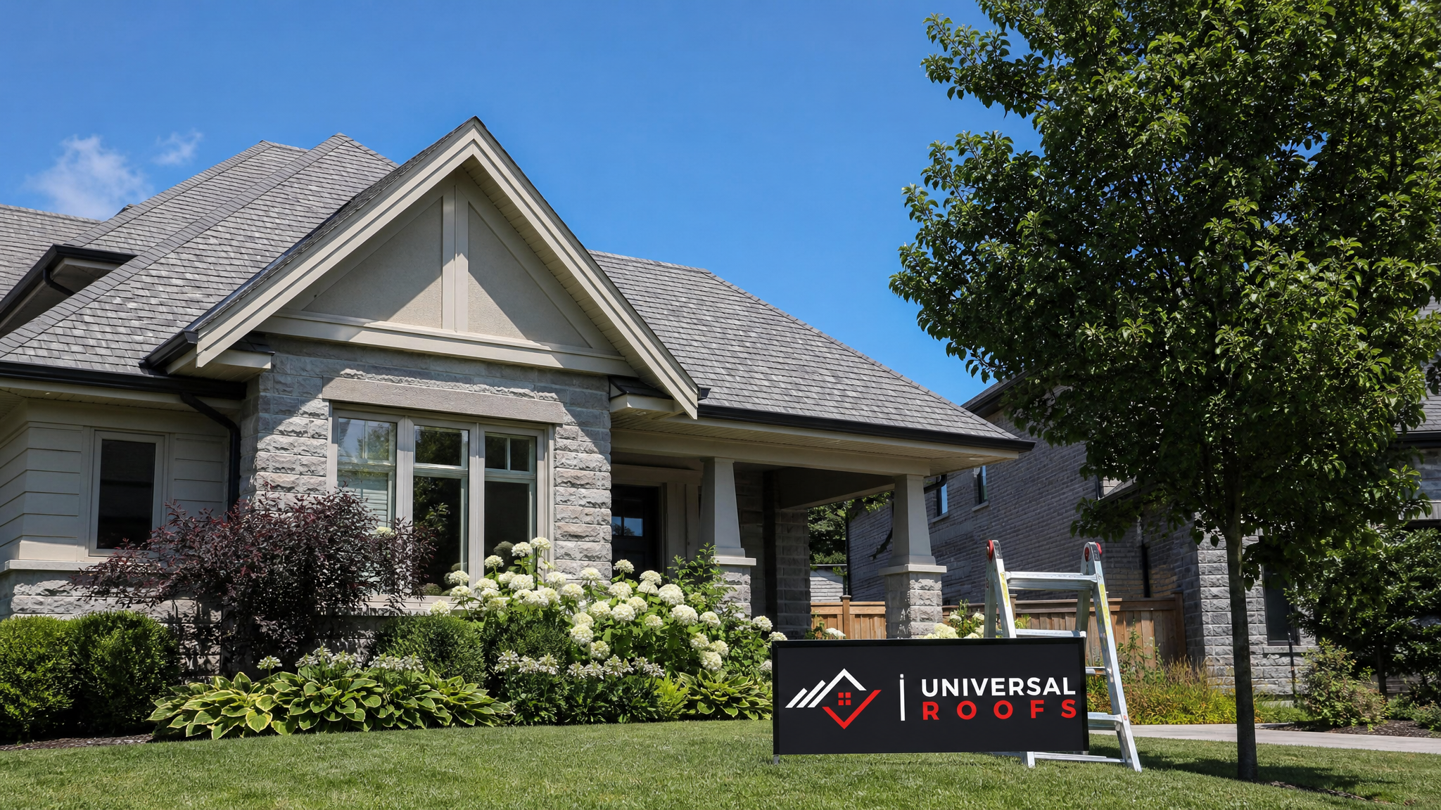Wide establishing view of a Toronto home roofline showing light-coloured shingles under bright summer sun