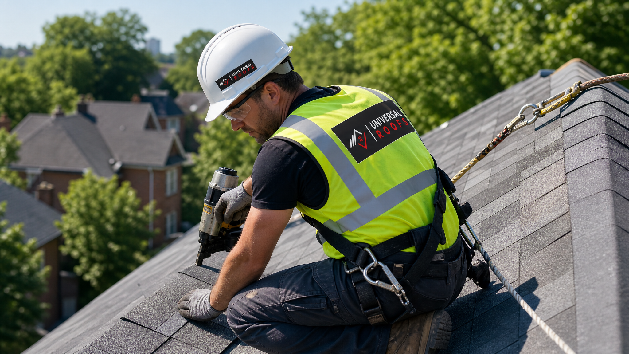 Roofer installing light-coloured shingles on a sloped Toronto roof while wearing full safety harness and PPE