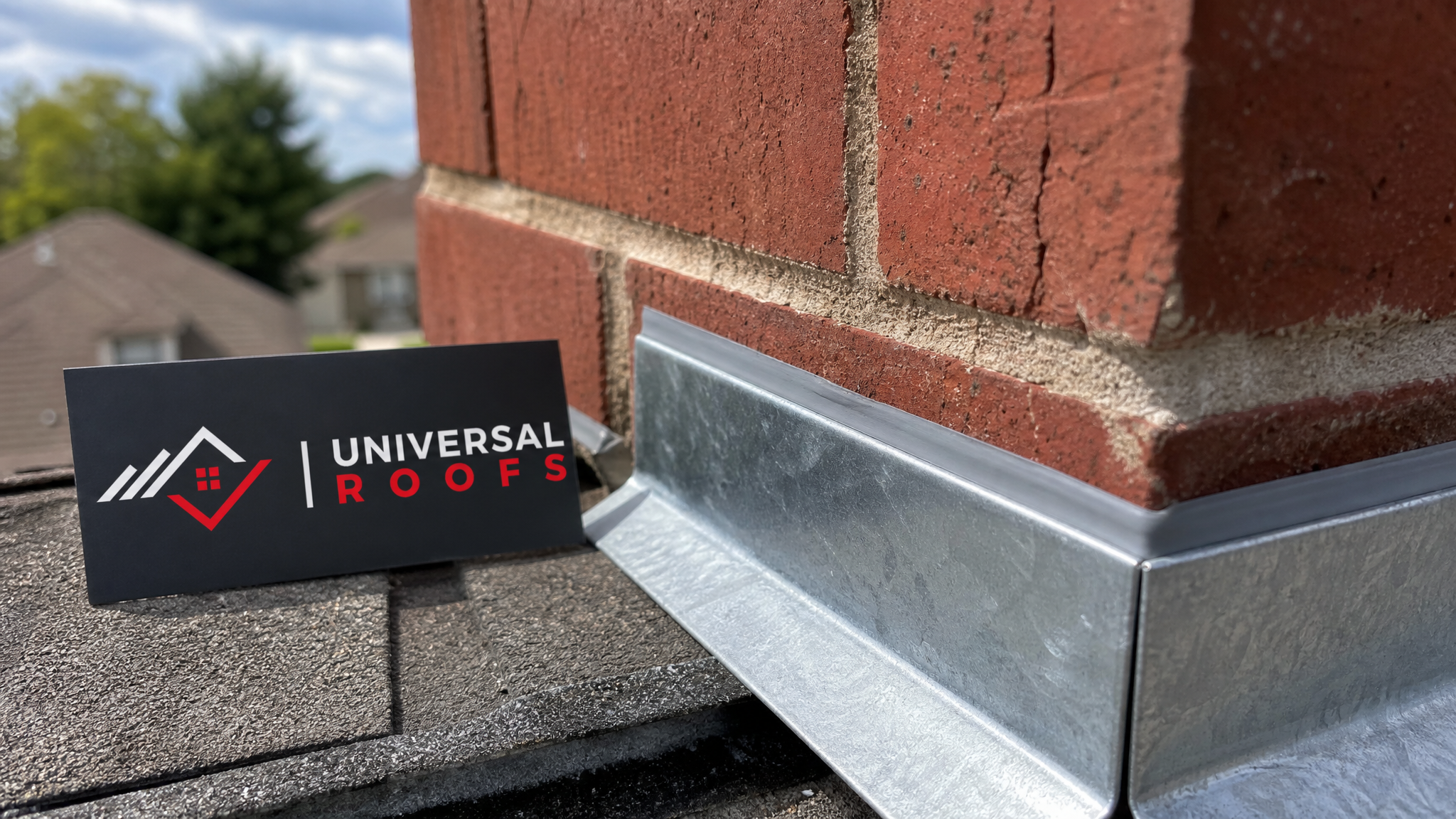Close-up of new counterflashing set into brick mortar joint at a chimney base with sealant bead