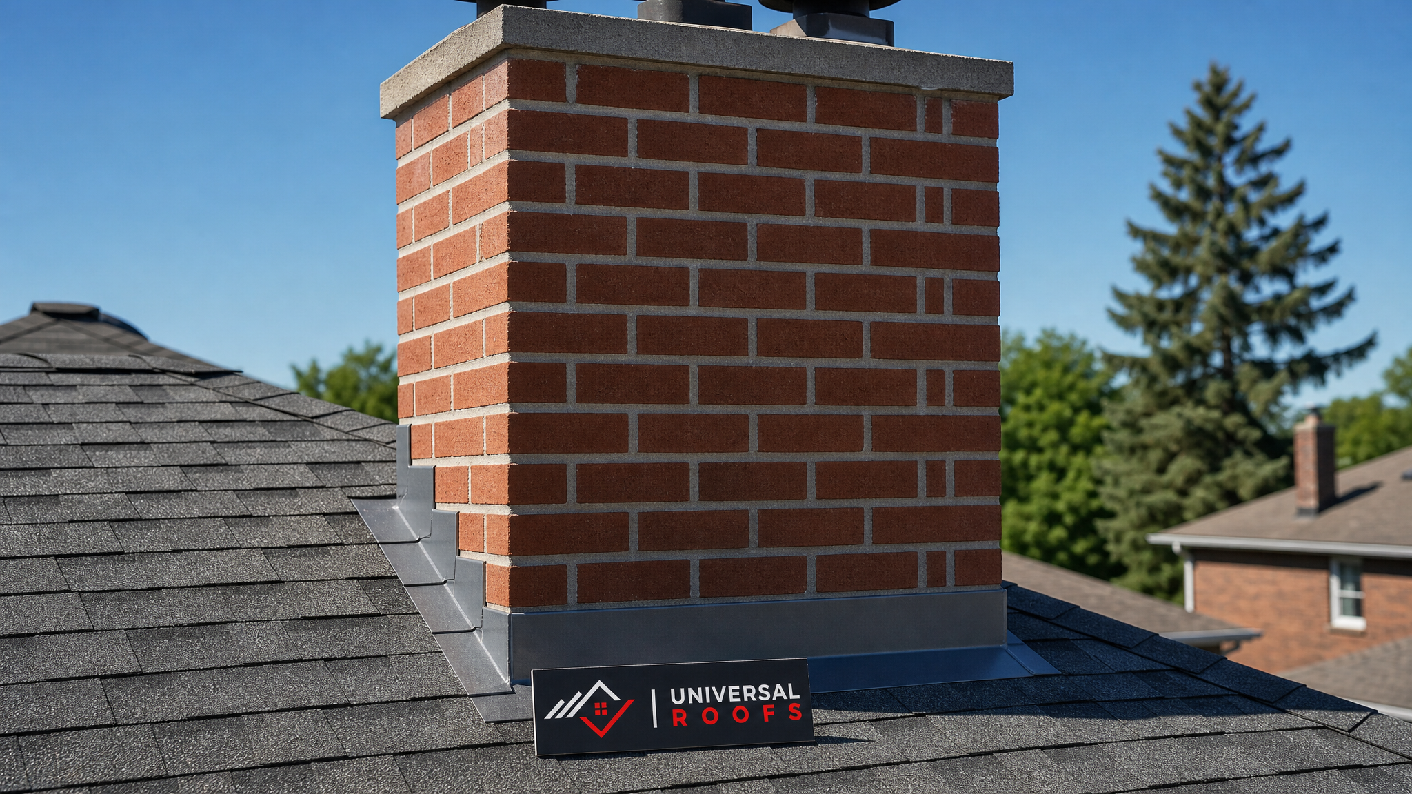 Freshly repaired brick chimney with new flashing on a Toronto asphalt shingle roof in summer daylight