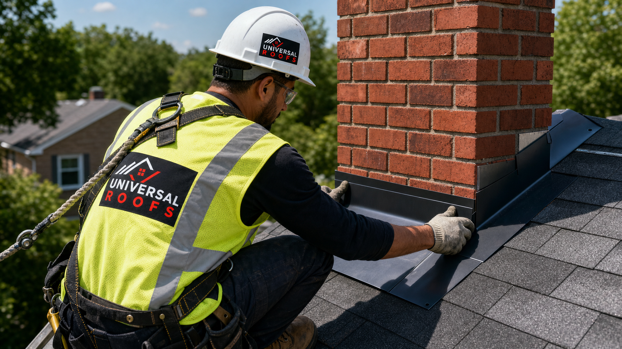 Roofer wearing full safety harness installing new chimney flashing on a Toronto home in summer