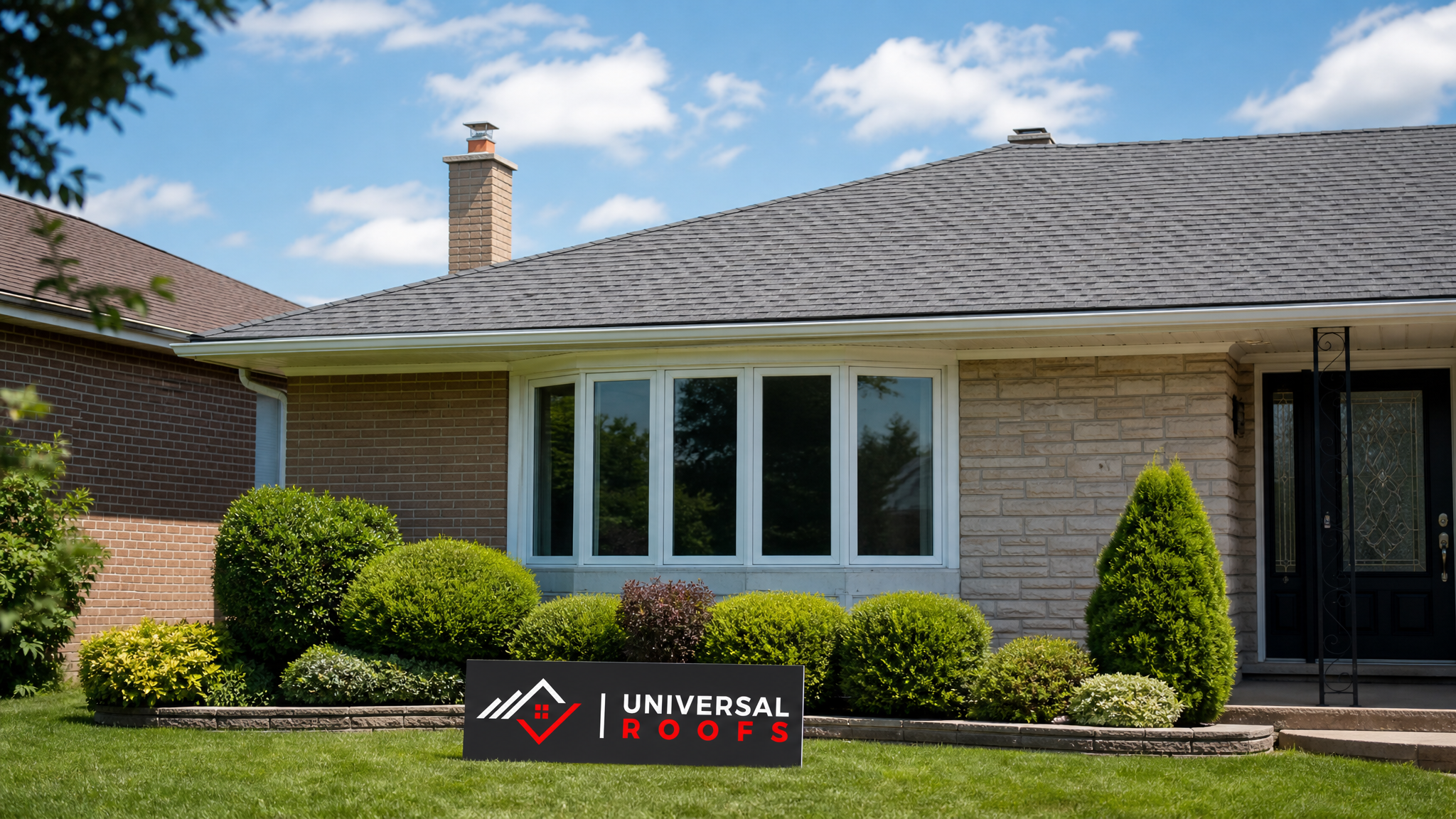 Clean asphalt shingle roof on a Toronto home in summer with no algae streaks or moss, blue sky in background