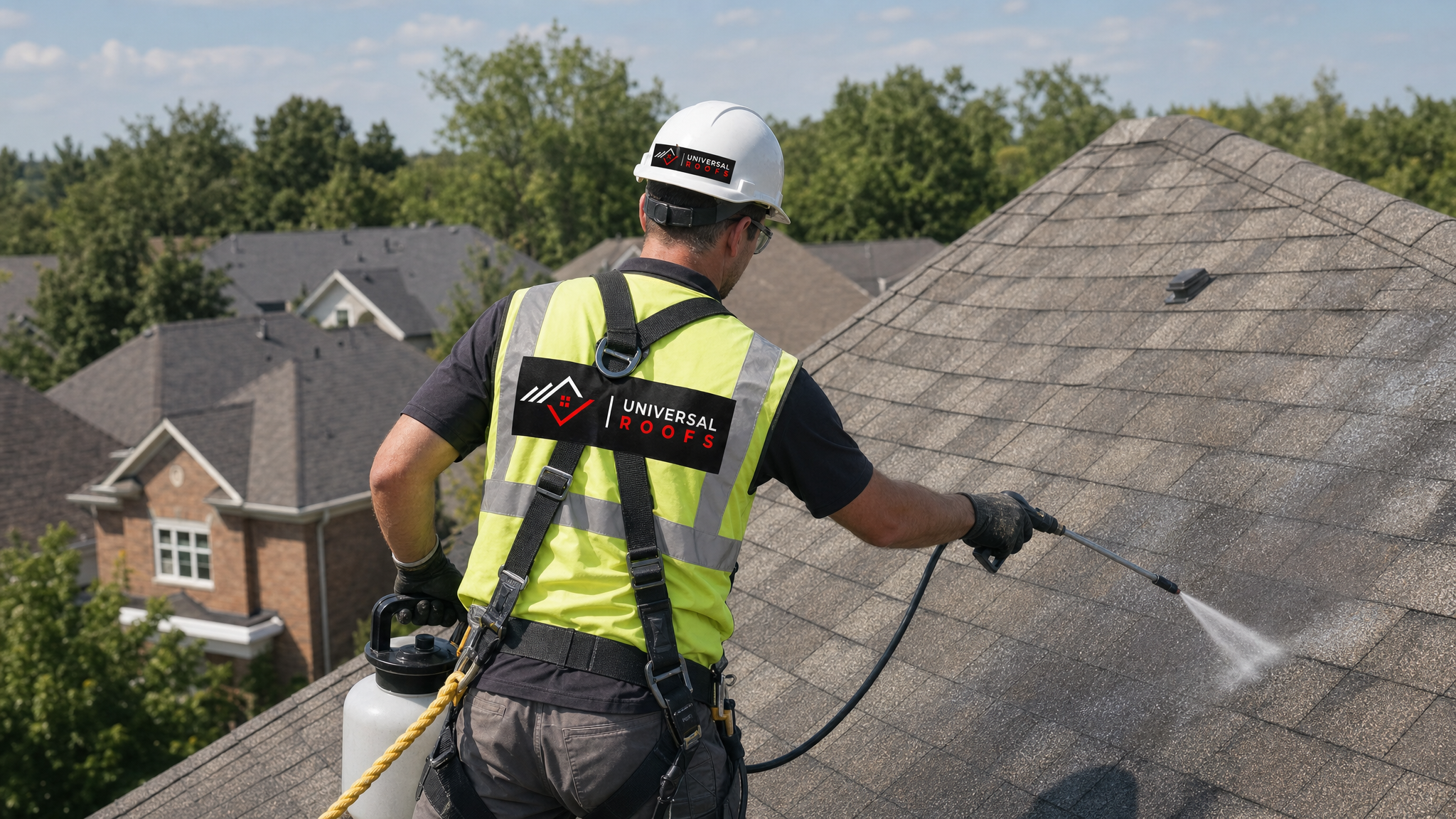 Roofing technician wearing full safety harness applying a soft-wash cleaning solution to an asphalt shingle roof with a pump sprayer