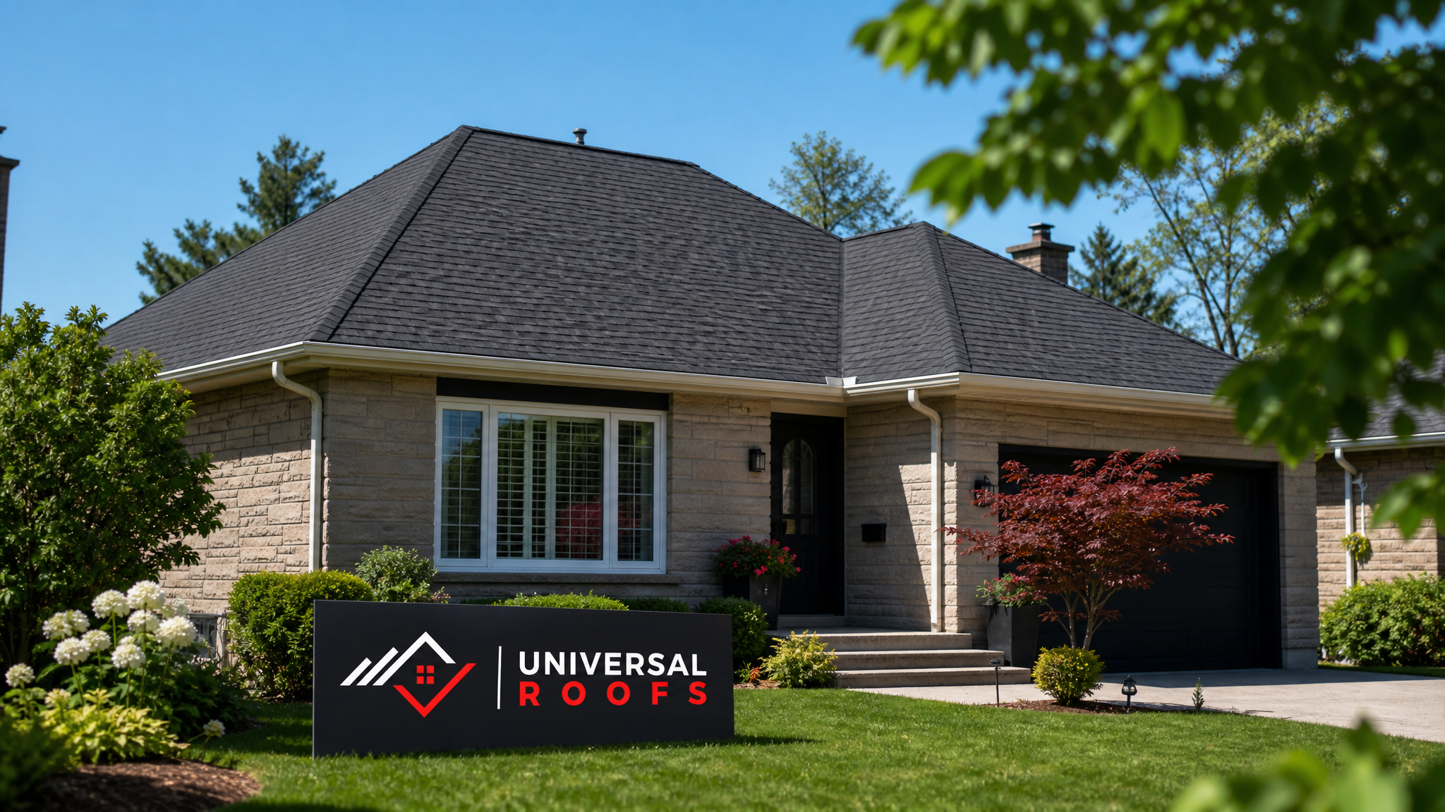 Finished asphalt shingle roof after hail damage repair on a Toronto home in summer daylight