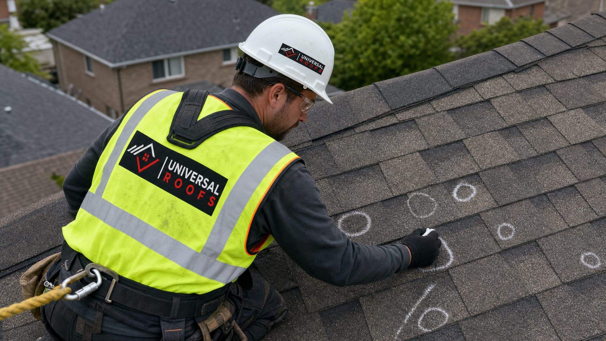 Roofer wearing full safety harness inspecting hail-damaged shingles on a Toronto home roof
