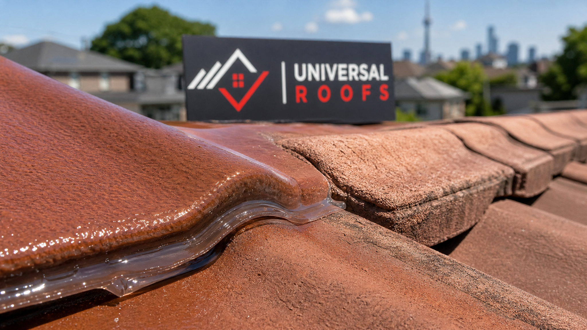 Close-up of sealant being brushed along overlapping clay roof tiles showing glossy coated texture versus dry unsealed tile