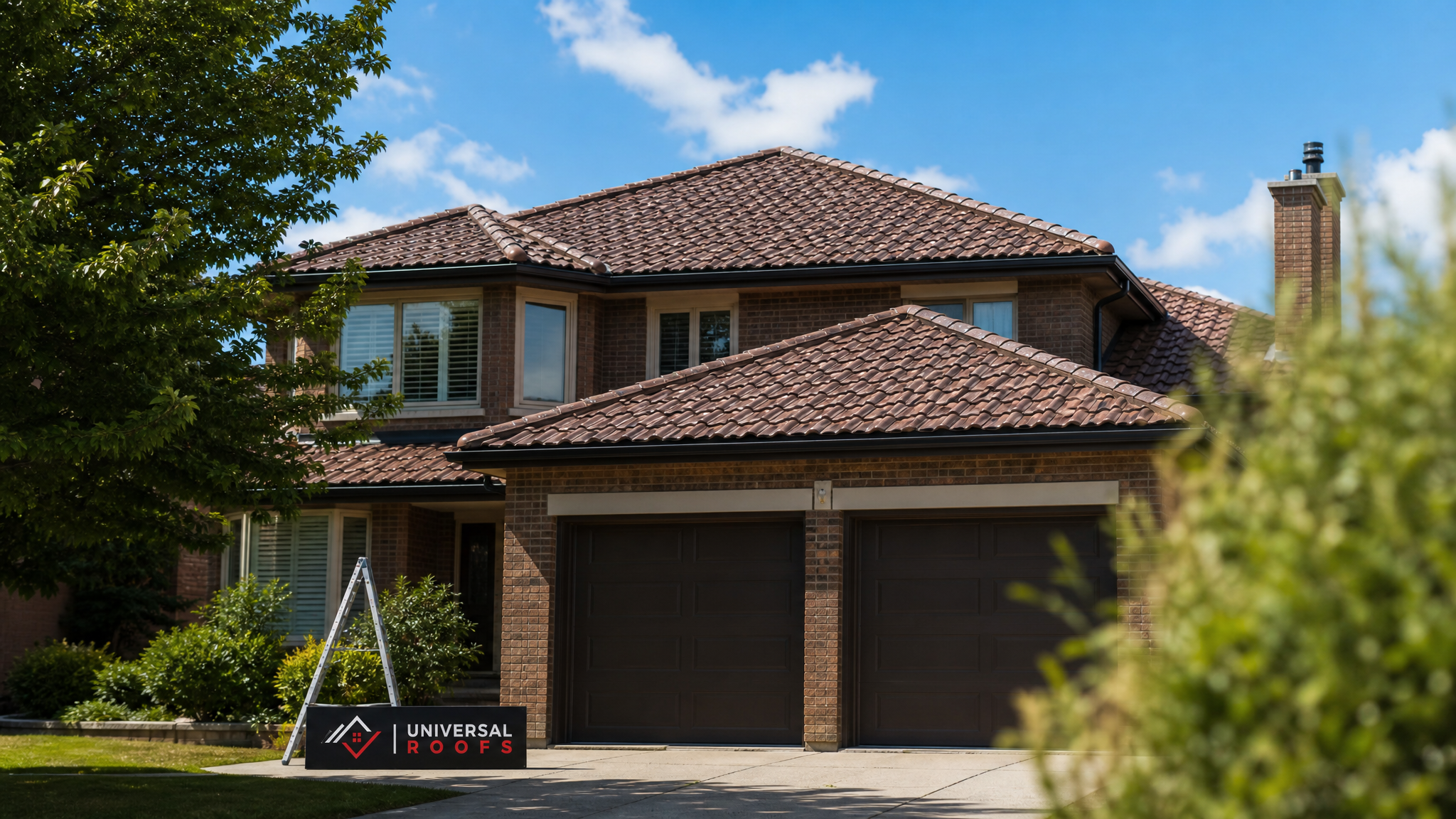 Freshly sealed clay tile roof on a Toronto-area home glowing under summer daylight with a Universal Roofs sign placard nearby