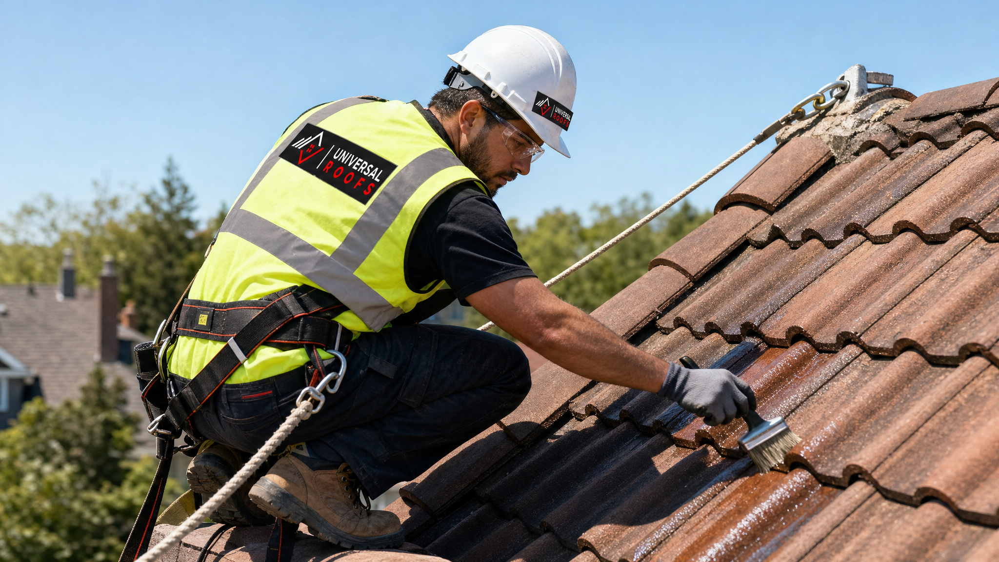 Roofing technician applying sealant to clay tile roof while secured with a fall-protection harness and safety rope