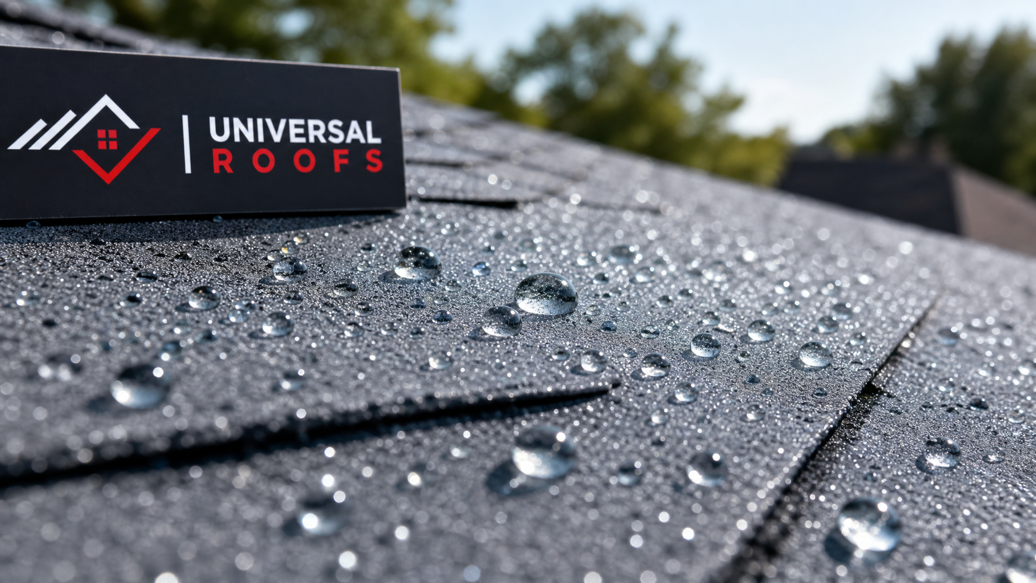 Close-up detail of water beading off a silicone self cleaning roof coating surface showing the hydrophobic effect