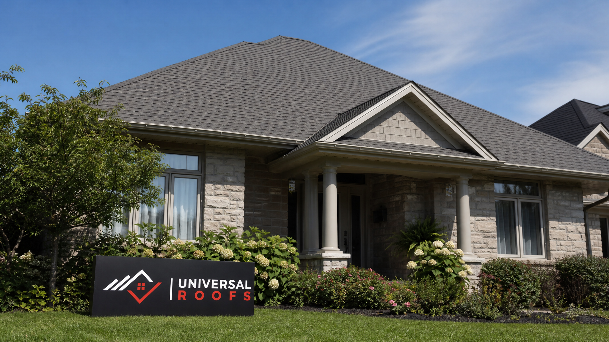 A freshly coated residential roof in a Toronto suburb showing a clean, reflective self cleaning roof coating under summer daylight