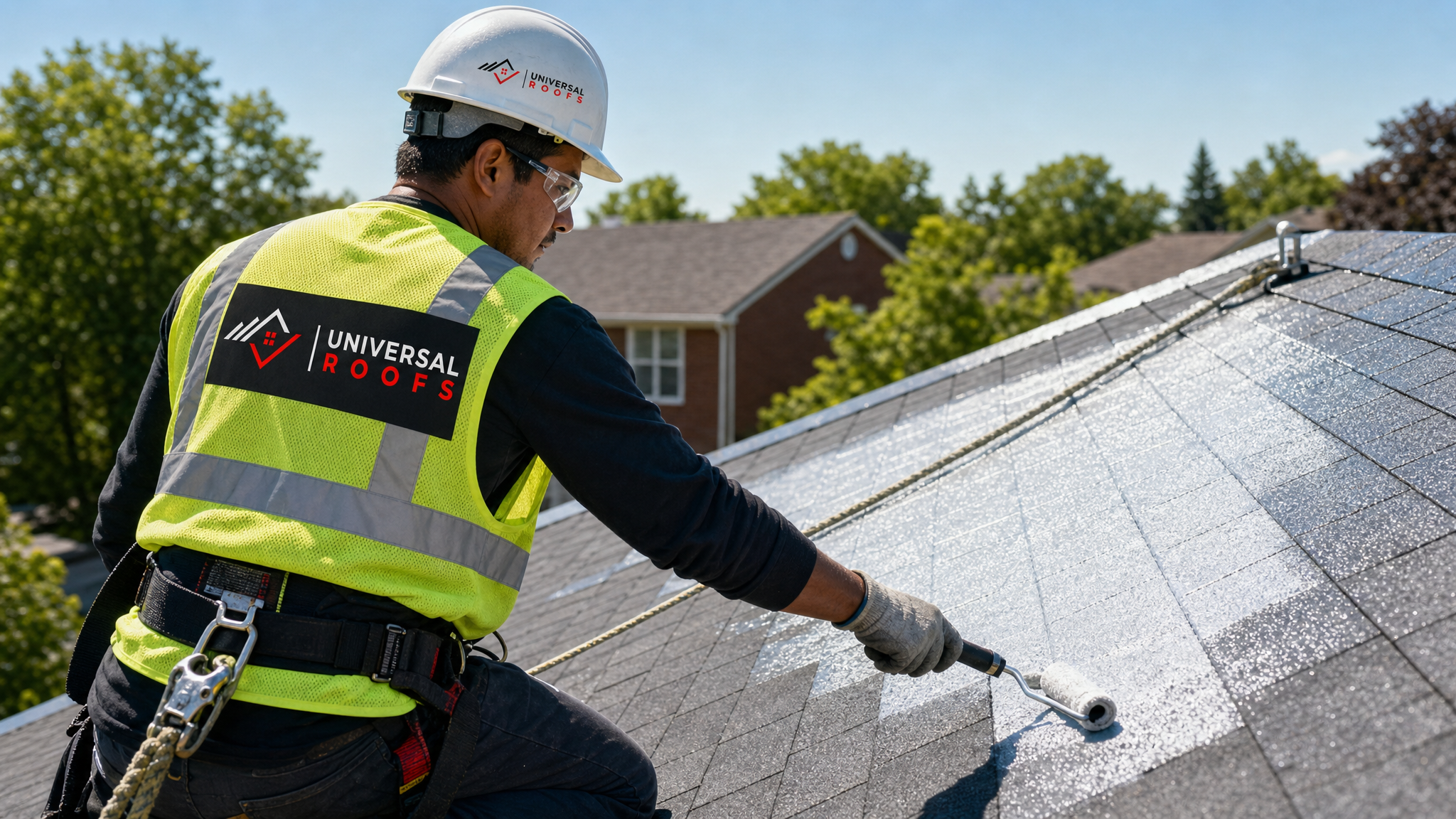 A roofing technician applying a self cleaning reflective coating to a residential roof while wearing full fall protection safety gear