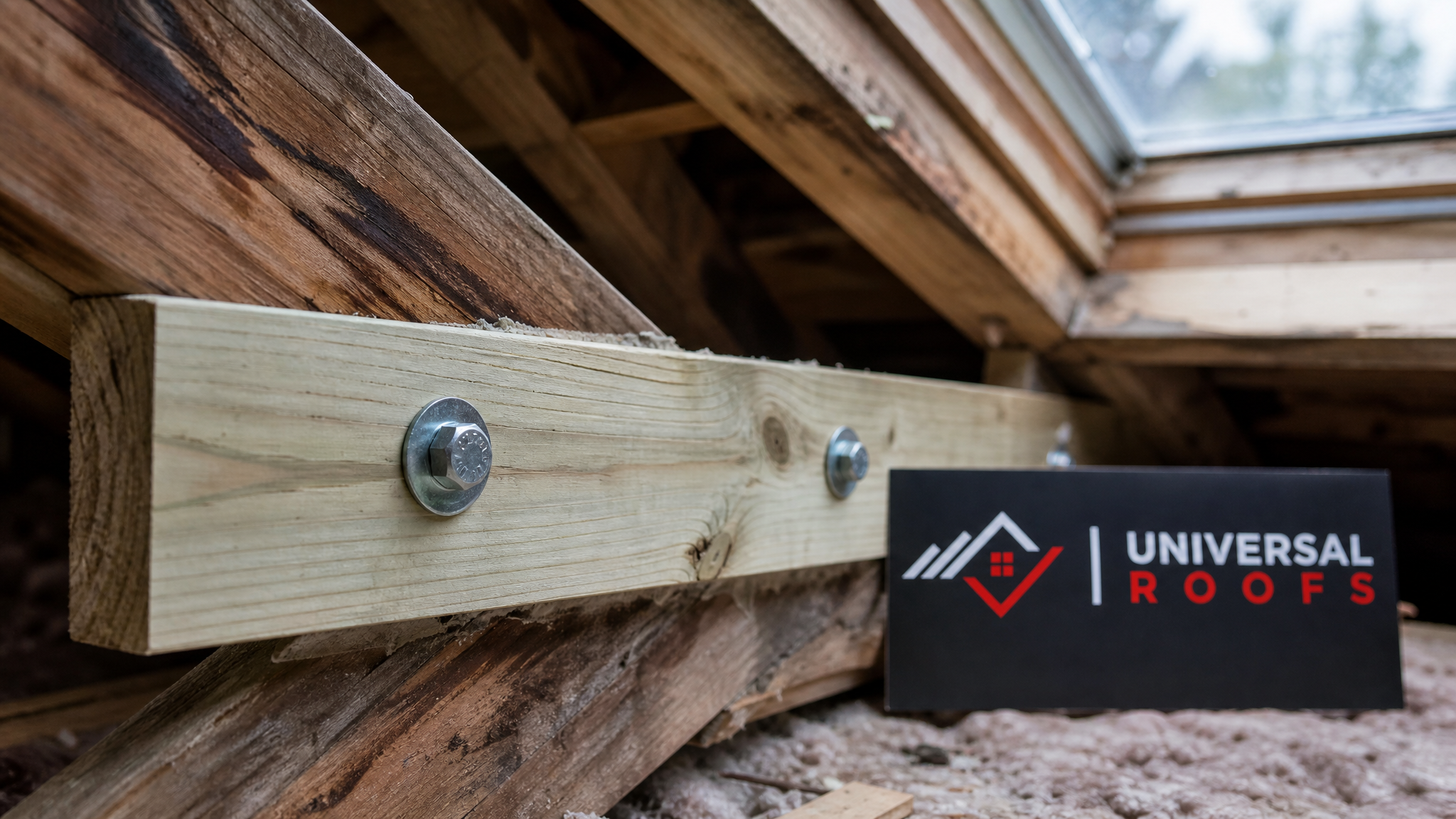 Close-up of a sistered roof truss board bolted alongside a water-damaged original truss member near a skylight opening