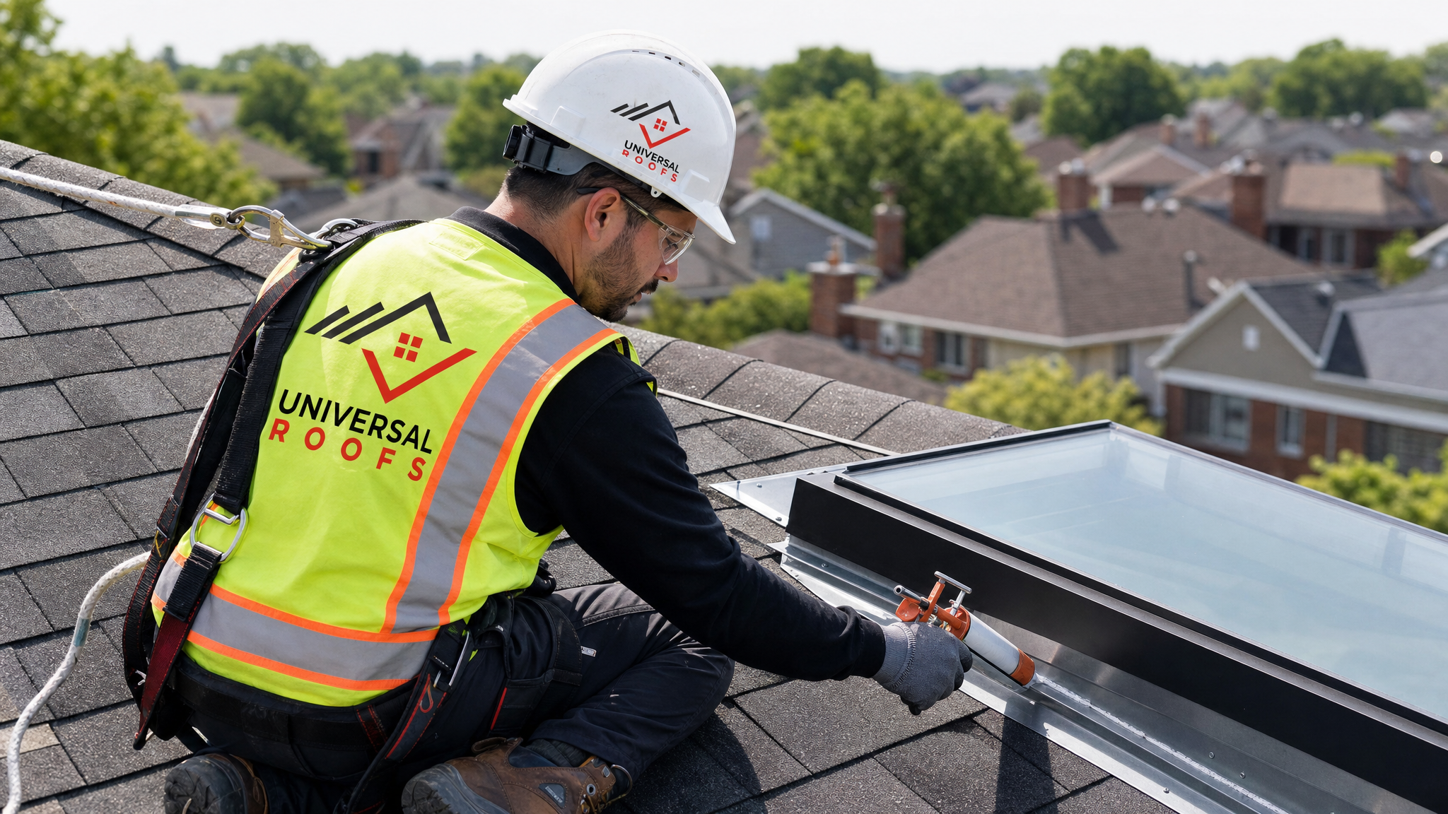 Roofing technician wearing full safety harness sealing skylight flashing on a sloped residential roof in Toronto