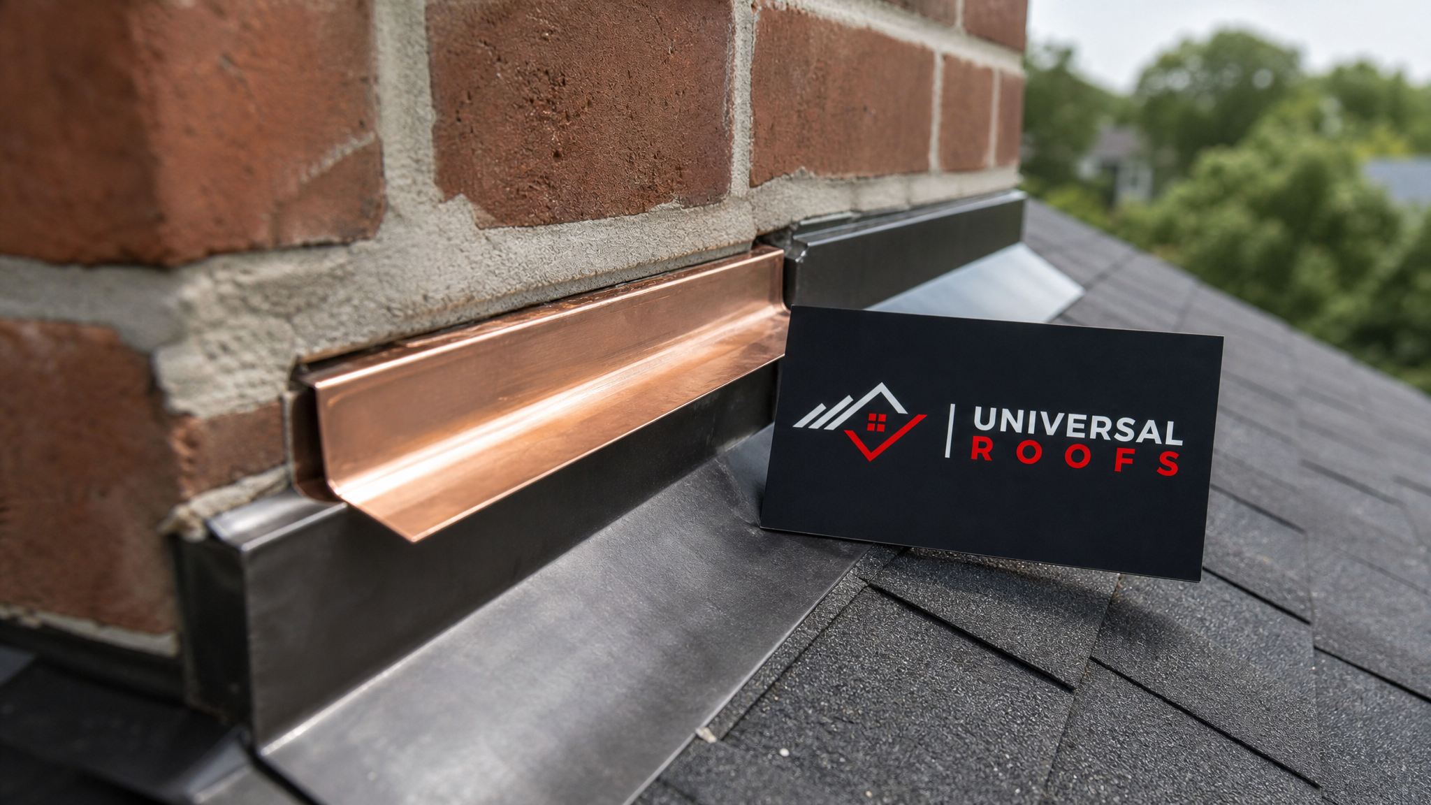 Close-up detail of copper counter-flashing embedded into a chimney mortar joint with a Universal Roofs branded sign placard