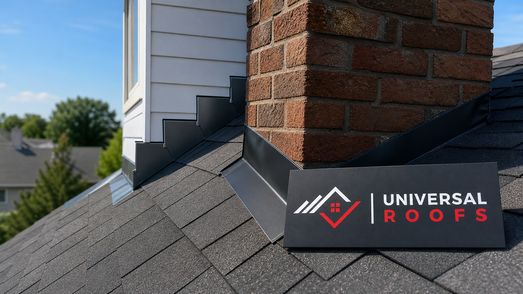 Newly repaired step flashing and chimney flashing on a Toronto home roof in summer daylight with a Universal Roofs sign placard nearby