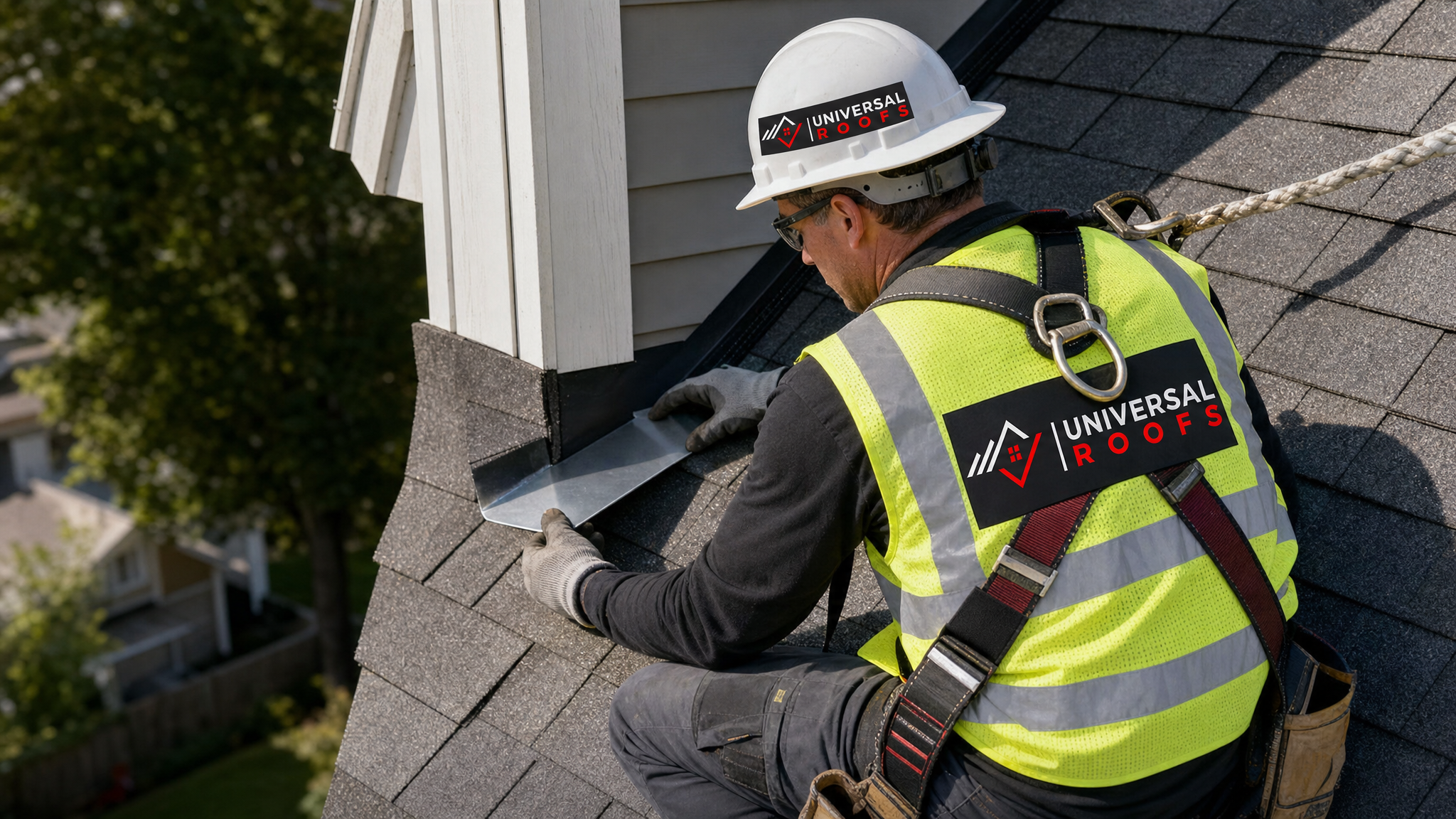 Roofer wearing full safety harness and PPE installing new step flashing along a roof-wall junction on a Toronto home