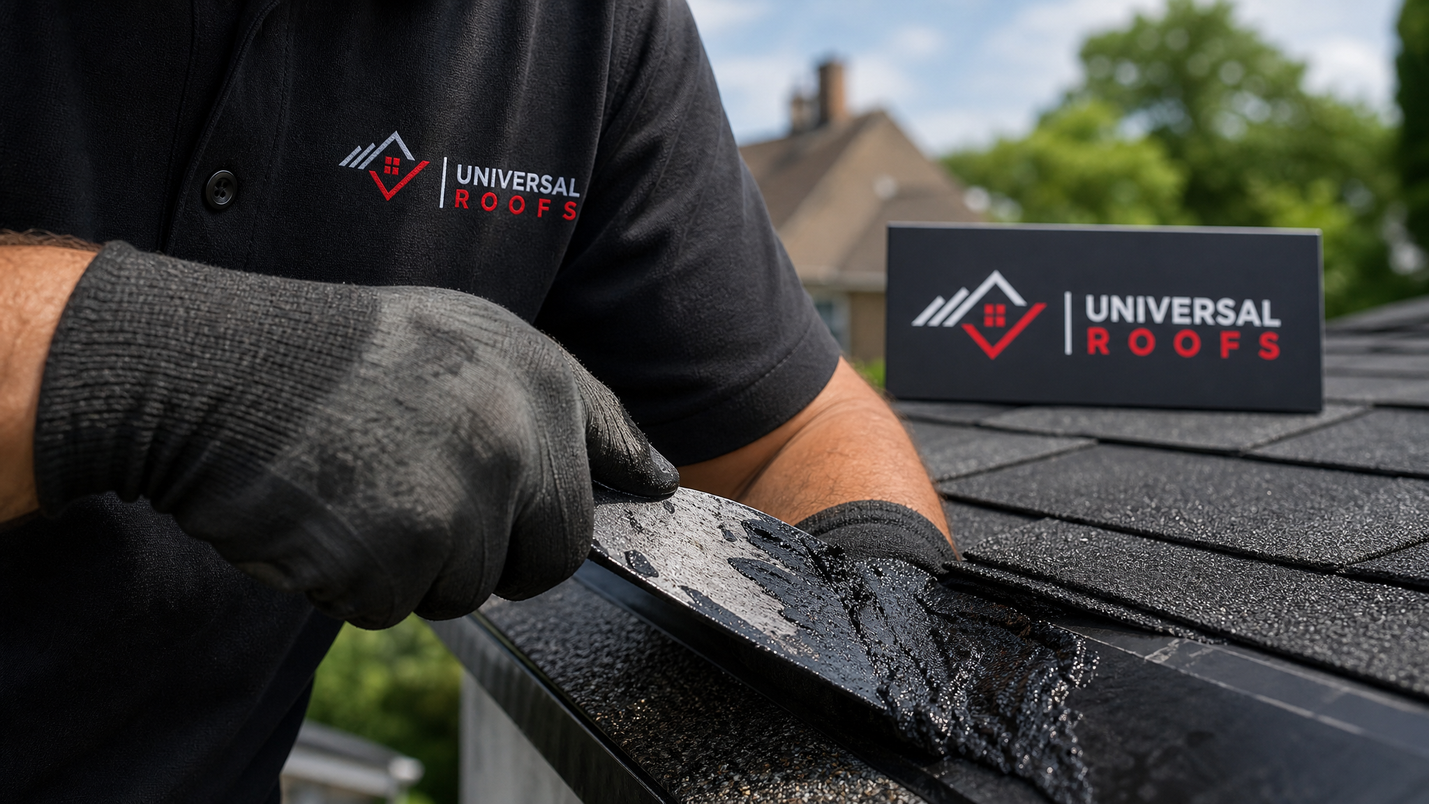 Close-up of roofing cement being applied with a trowel to seal a shingle edge, with a branded sign placard nearby