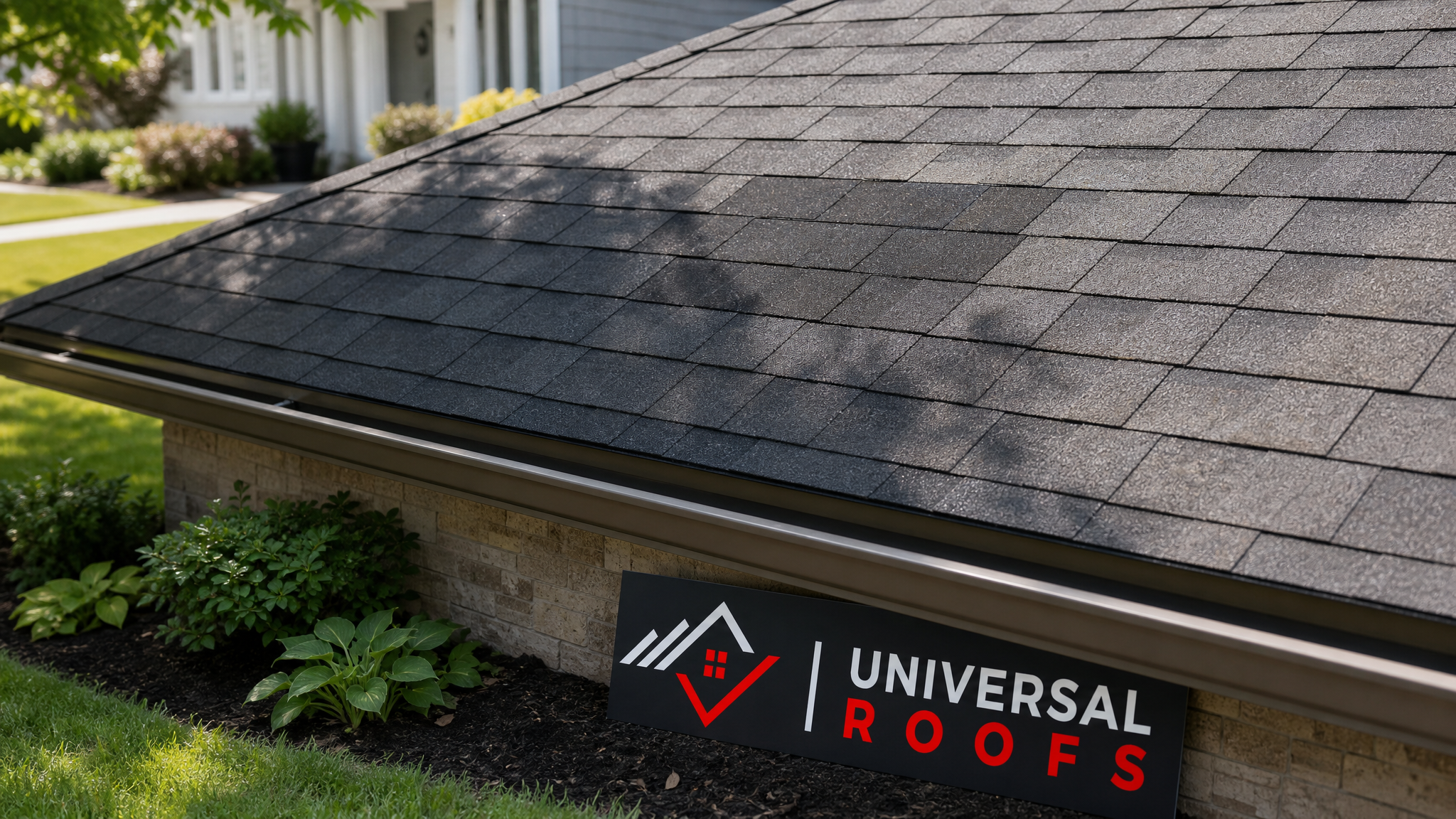 A well-maintained Toronto-area home roof on a clear summer day showing a neatly patched section with a branded sign placard nearby