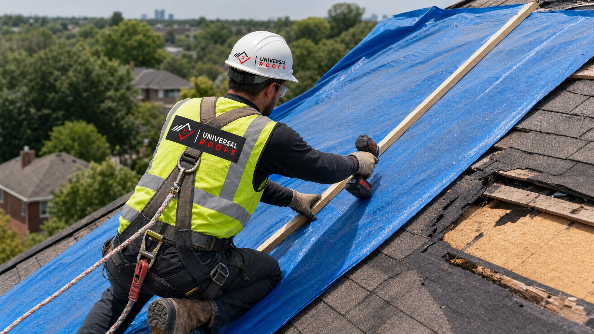 A roofer wearing full safety gear and a harness securing a waterproof tarp over a section of damaged roof