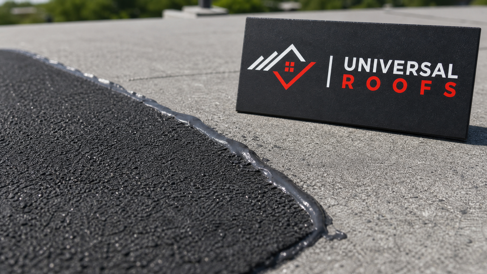 Close-up of recycled rubber roofing membrane and eco friendly sealant used in sustainable roof leak repair