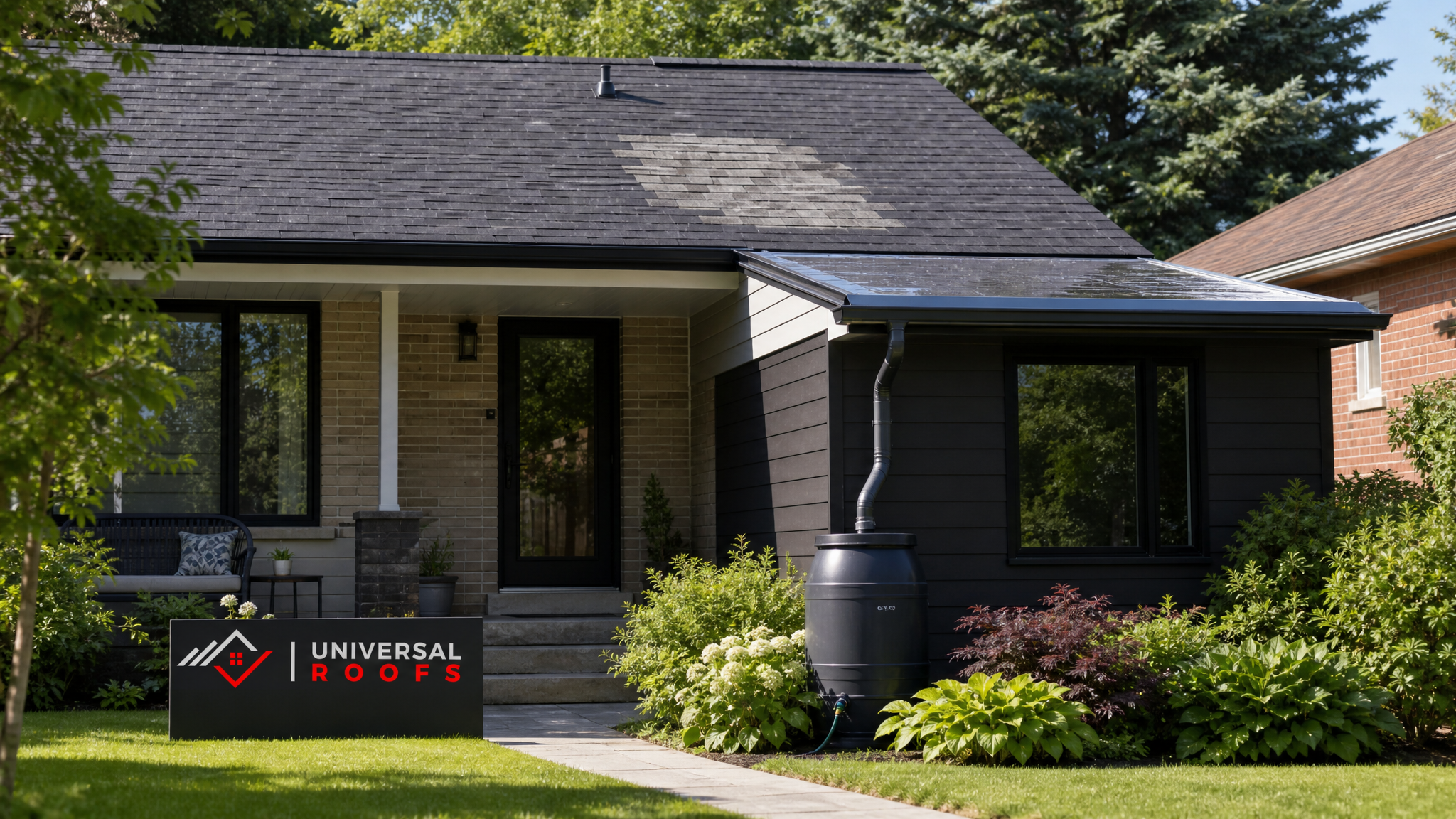 Freshly repaired eco friendly roof on a Toronto home in summer daylight with sustainable roofing materials visible