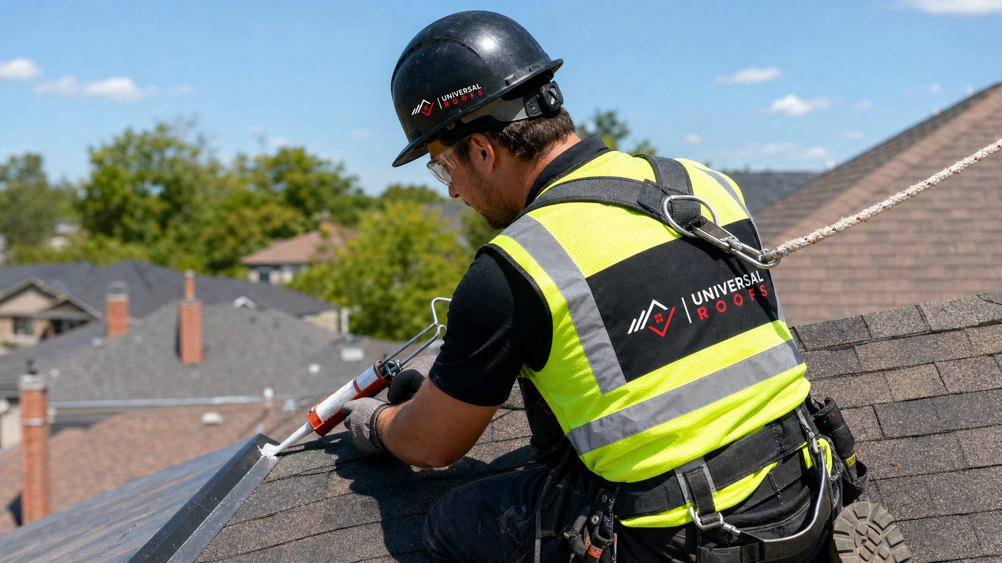 Roofing technician applying eco friendly sealant to a roof leak while wearing full safety harness and PPE on a Toronto home