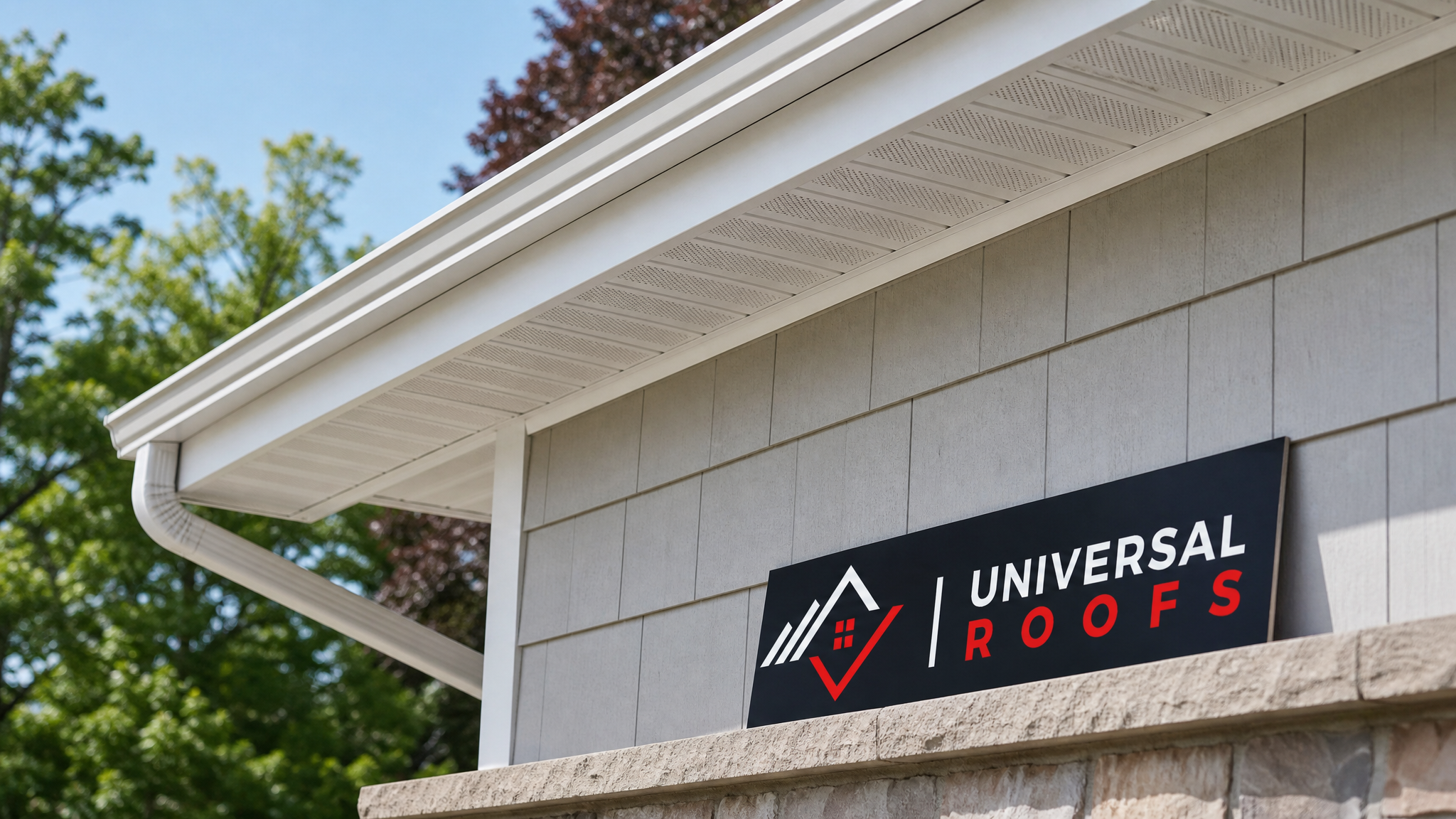 Newly installed continuous soffit vents along a Toronto home's roof overhang on a clear summer day