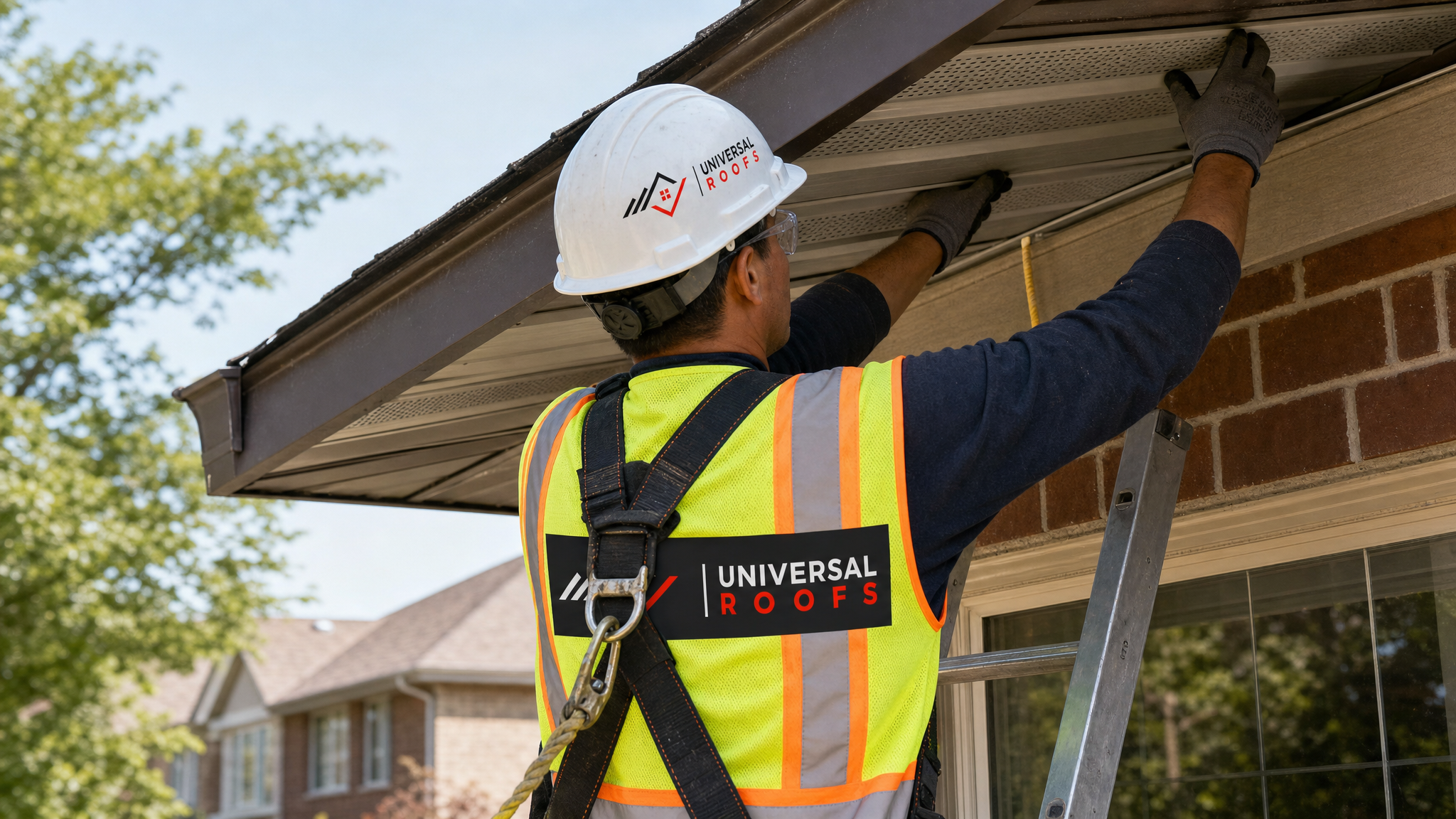 Roofing technician wearing full safety harness installing a soffit vent panel at the eave of a Toronto home