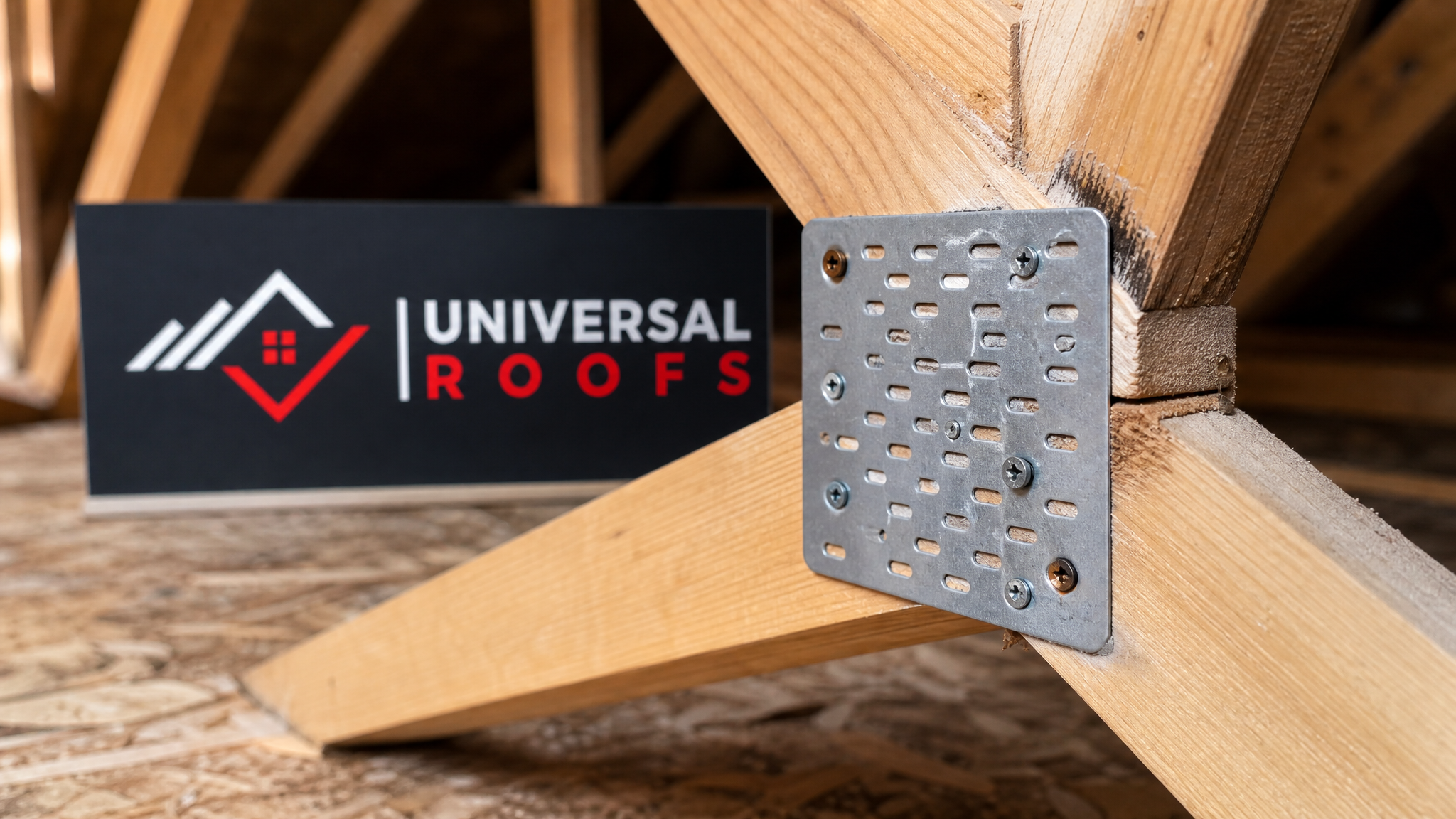 Close-up of a steel gusset plate and structural screws reinforcing a roof truss joint