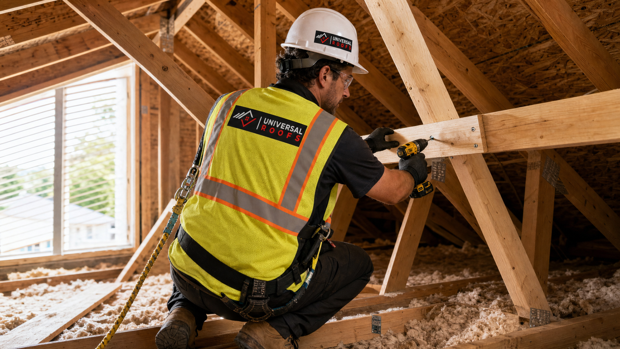 Roofer wearing full safety harness sistering a damaged roof truss inside a Toronto attic